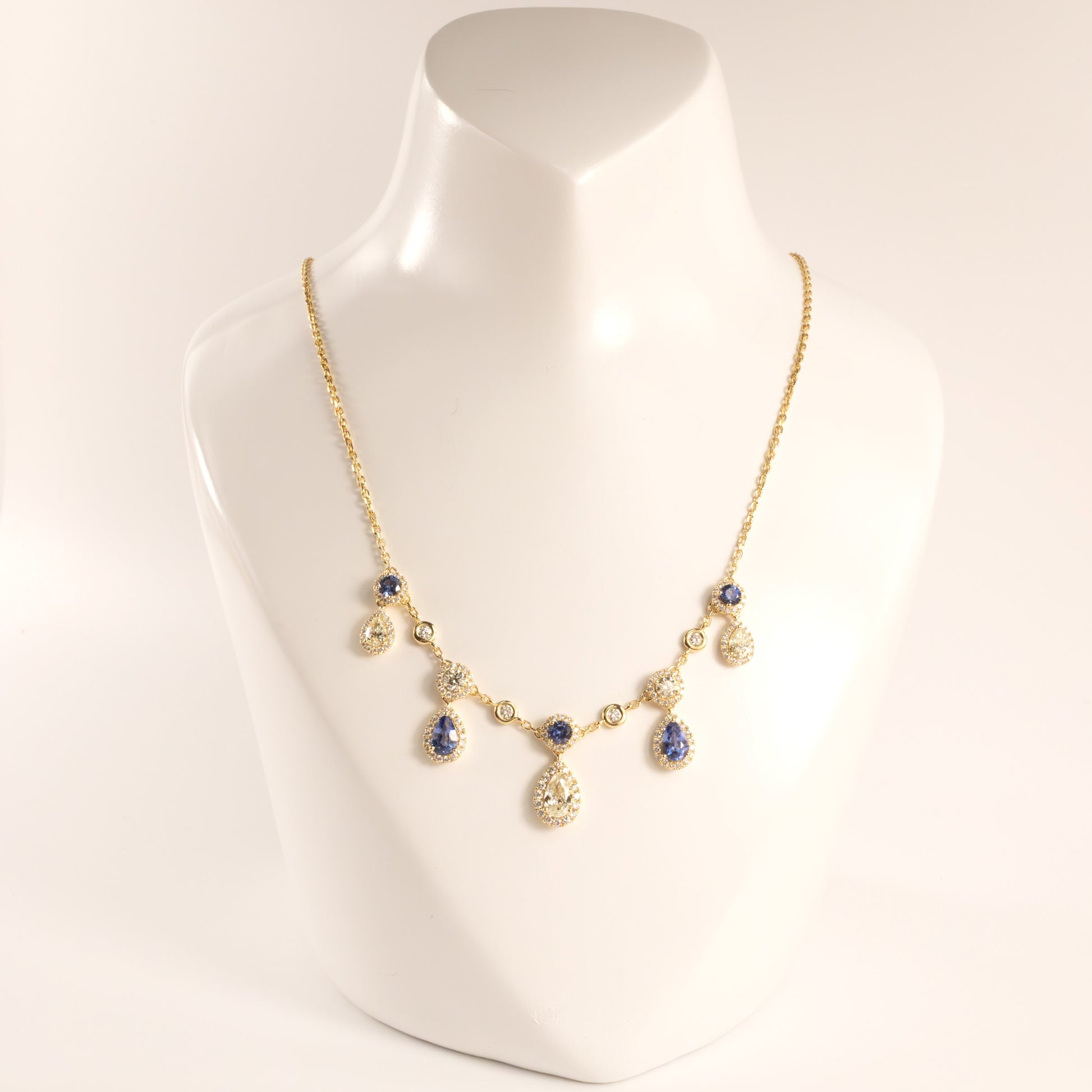 18KYG Diamond and Blue Sapphire Stationed Drop Necklace