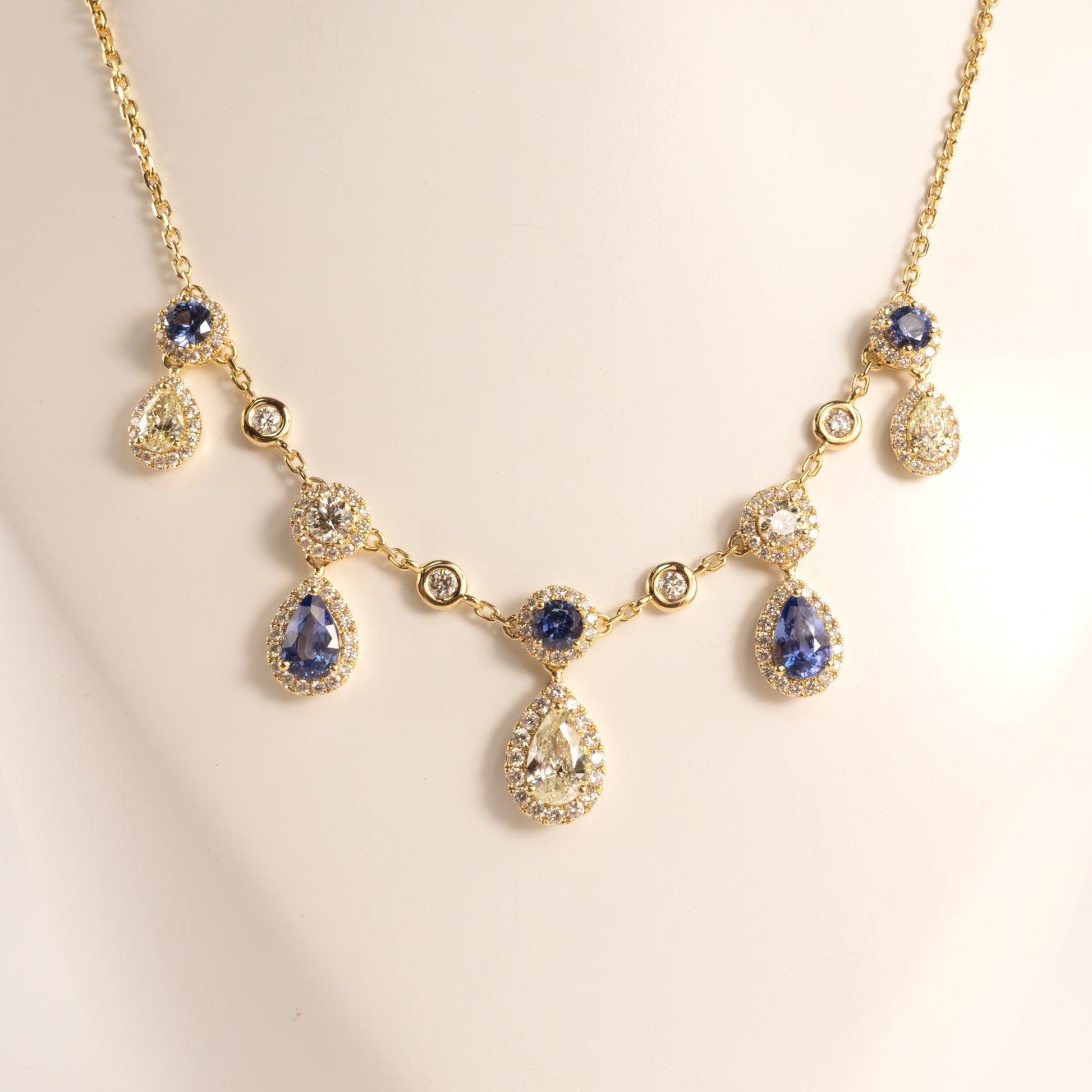 18KYG Diamond and Blue Sapphire Stationed Drop Necklace