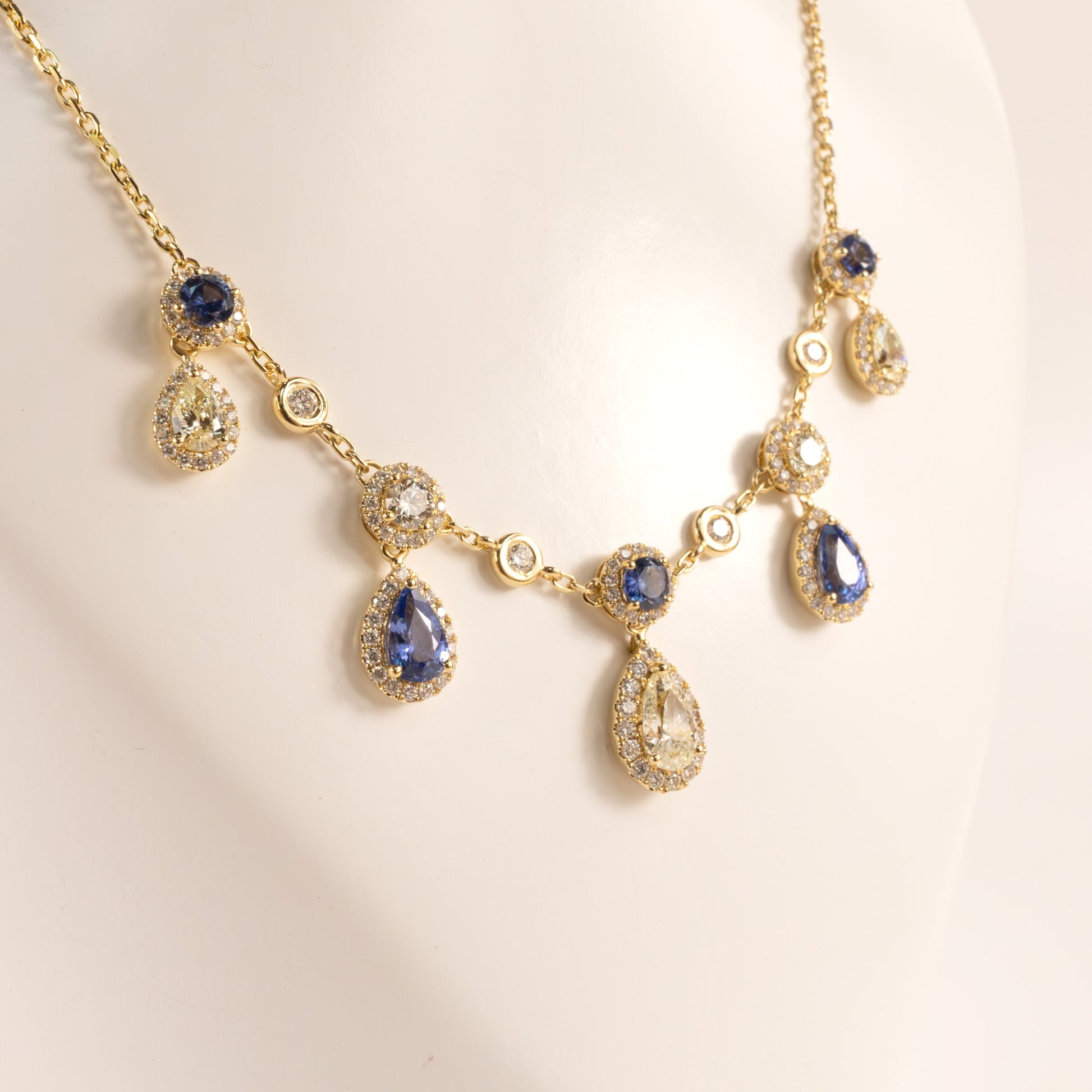 18KYG Diamond and Blue Sapphire Stationed Drop Necklace