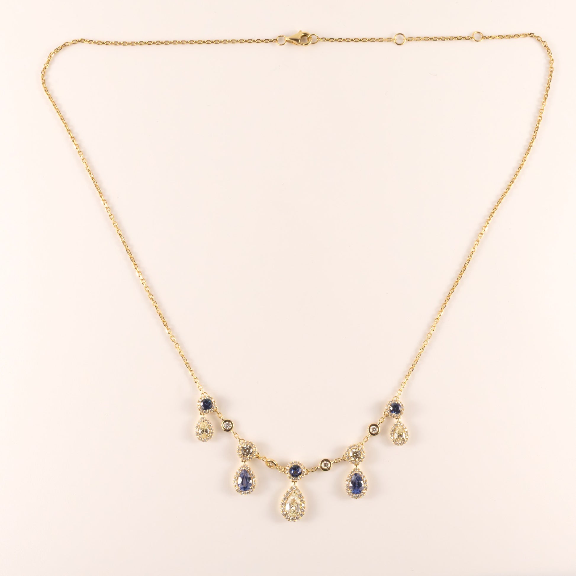 18KYG Diamond and Blue Sapphire Stationed Drop Necklace