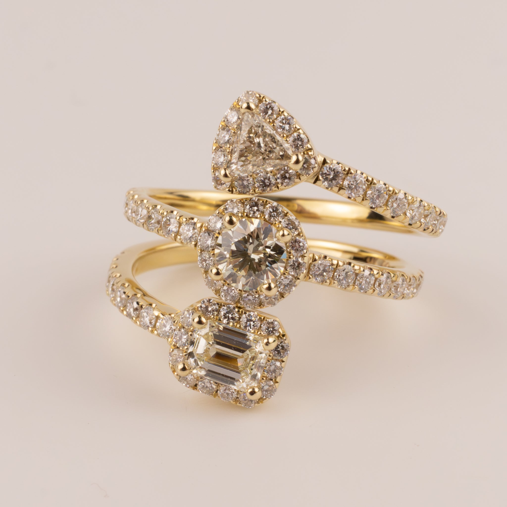 14KYG Diamond 3-Row Trillion, Round, and Emerald Wrap Ring