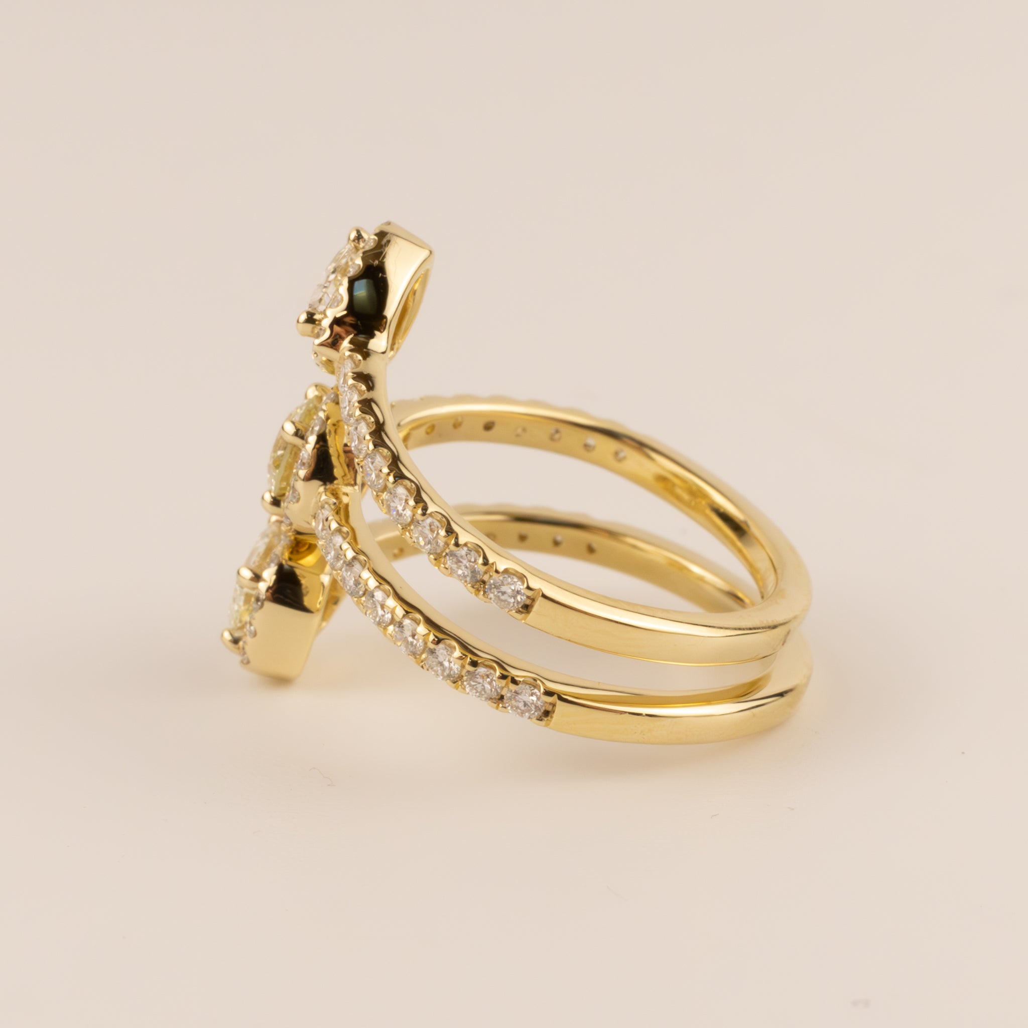 14KYG Diamond 3-Row Trillion, Round, and Emerald Wrap Ring