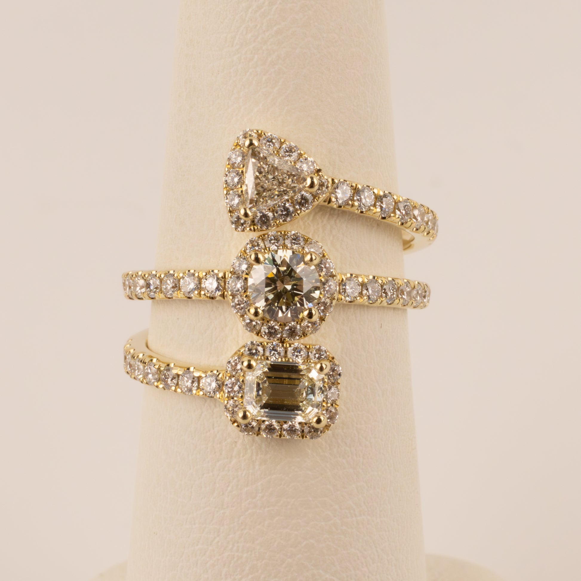 14KYG Diamond 3-Row Trillion, Round, and Emerald Wrap Ring