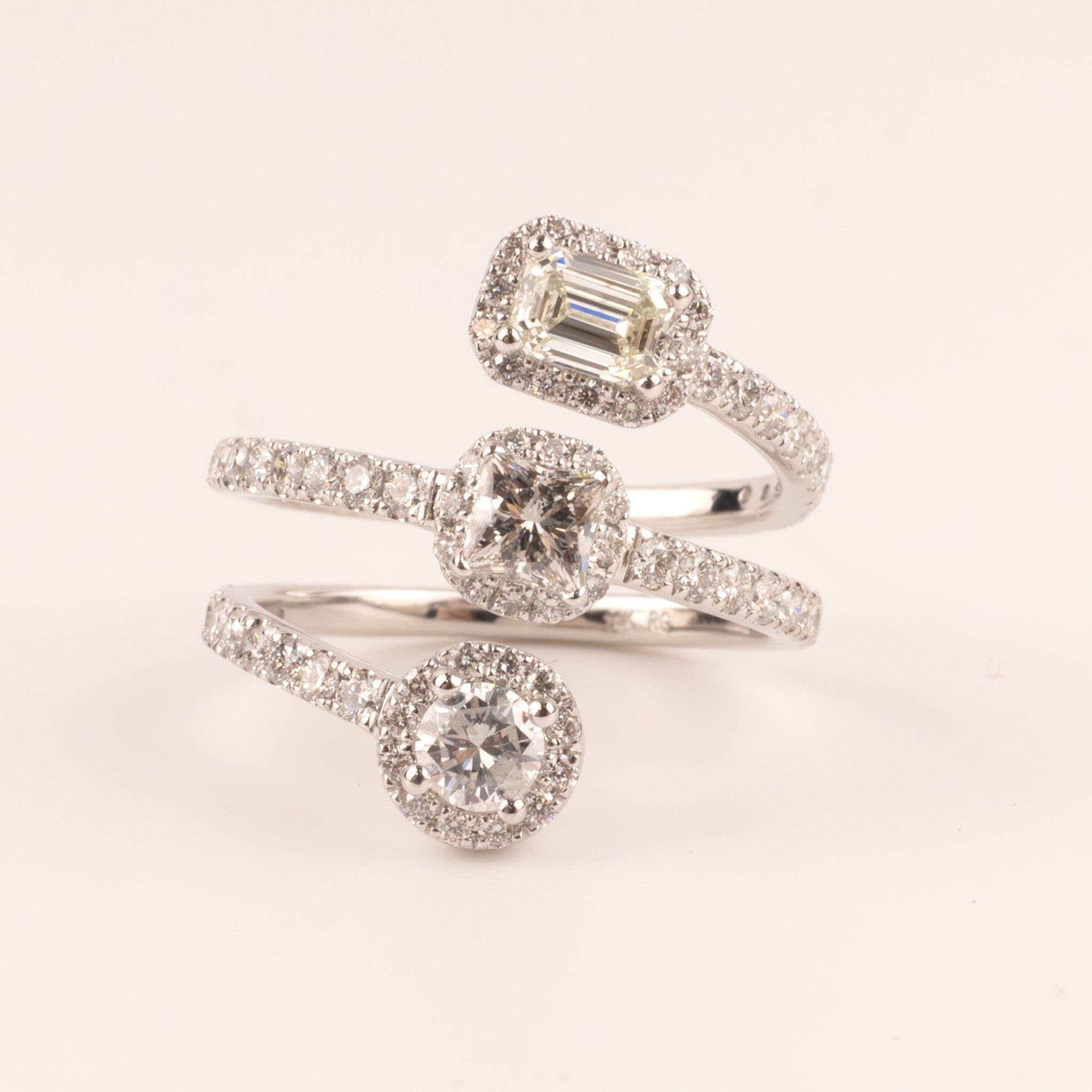14KWG Diamond 3-Row Round, Princess, and Emerald Wrap Ring