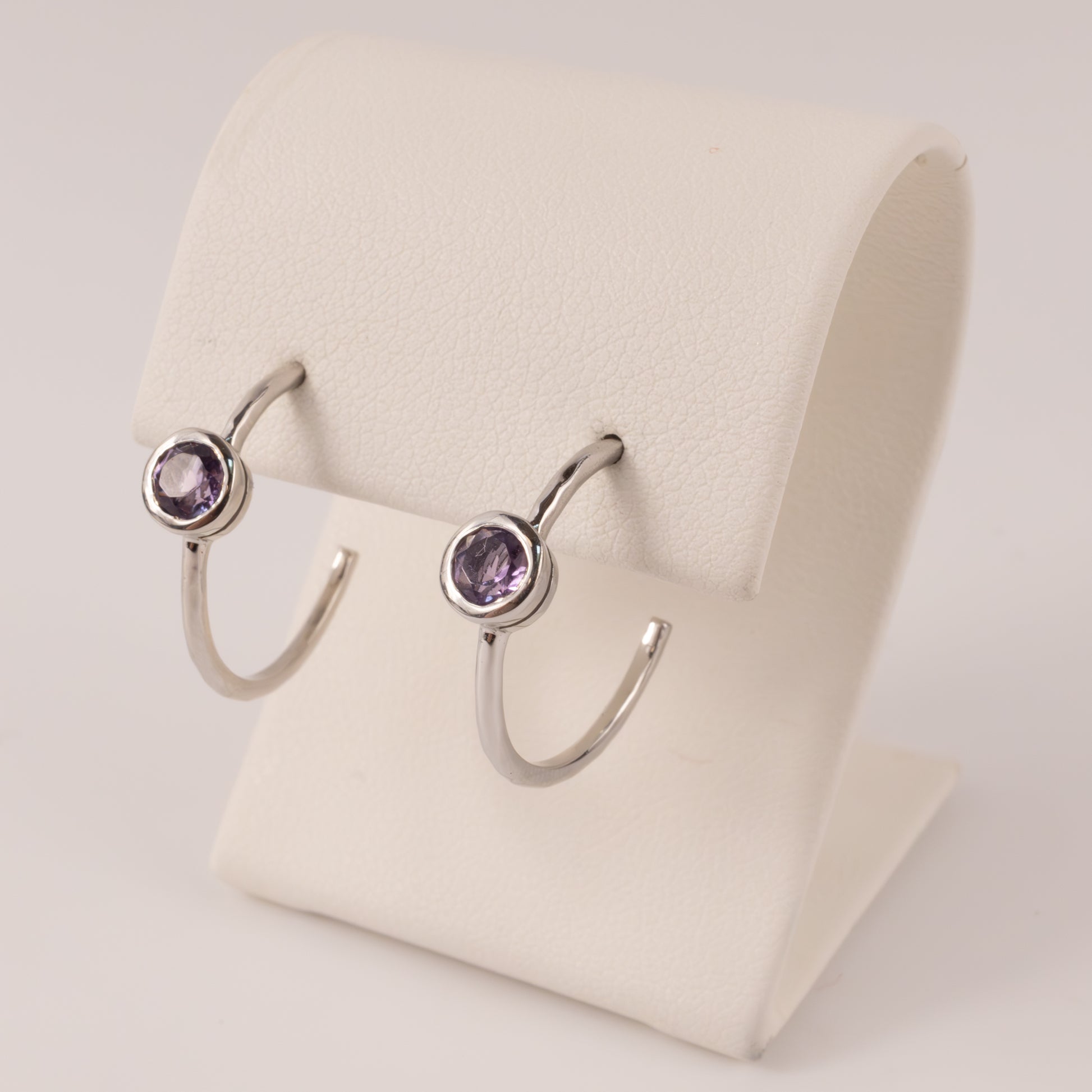 Sterling Silver Bezel Set Amethyst Open Hoop Earrings