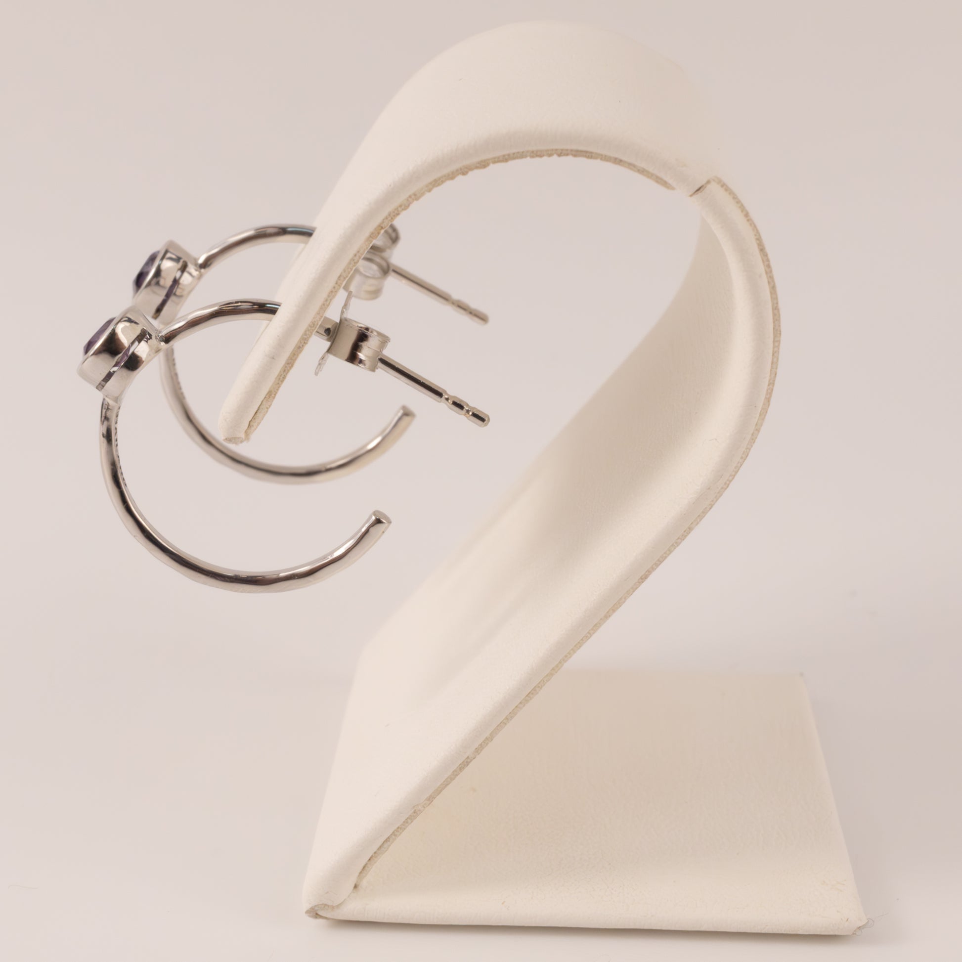 Sterling Silver Bezel Set Amethyst Open Hoop Earrings