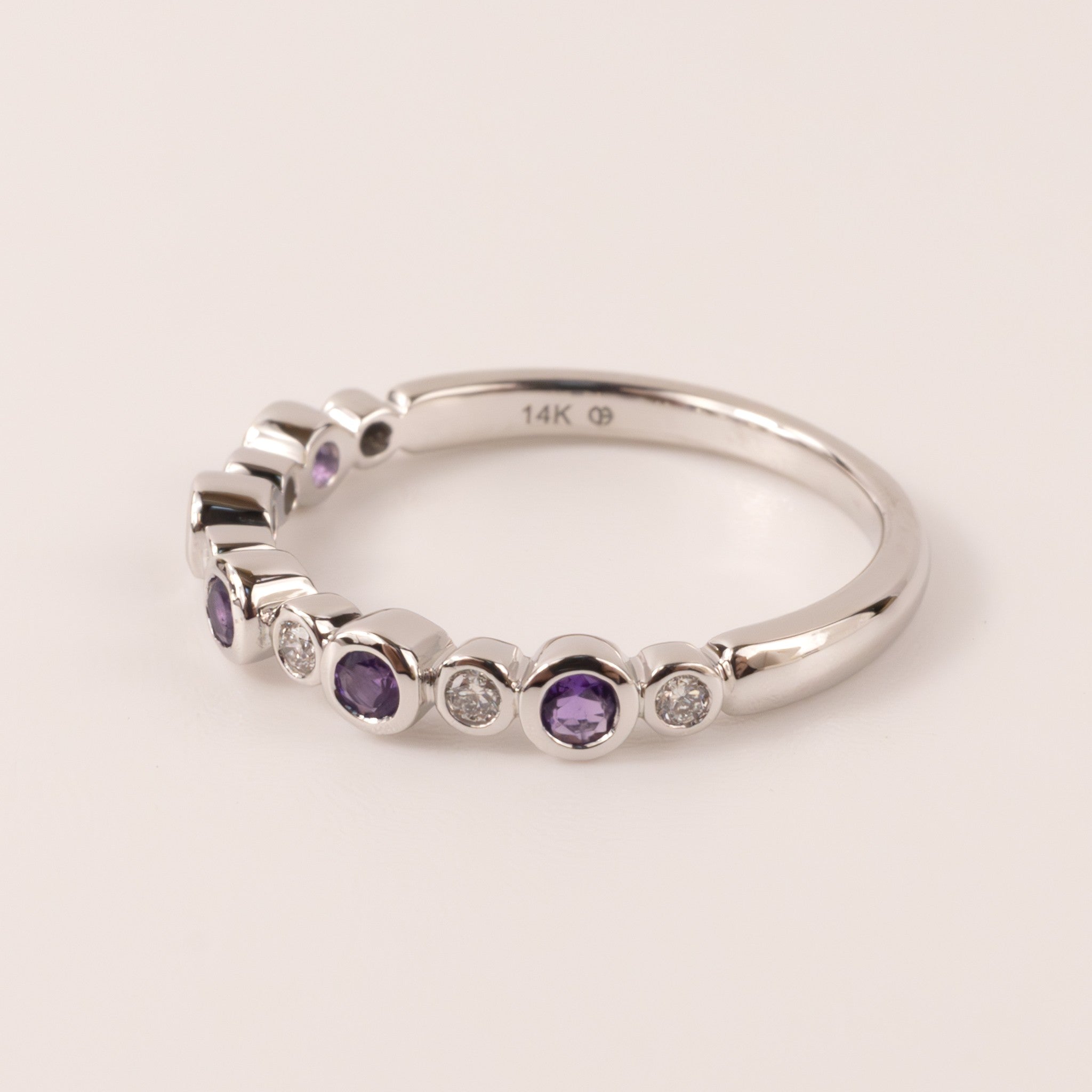 14KWG Amethyst and Diamond Bezel Set Alternating Band