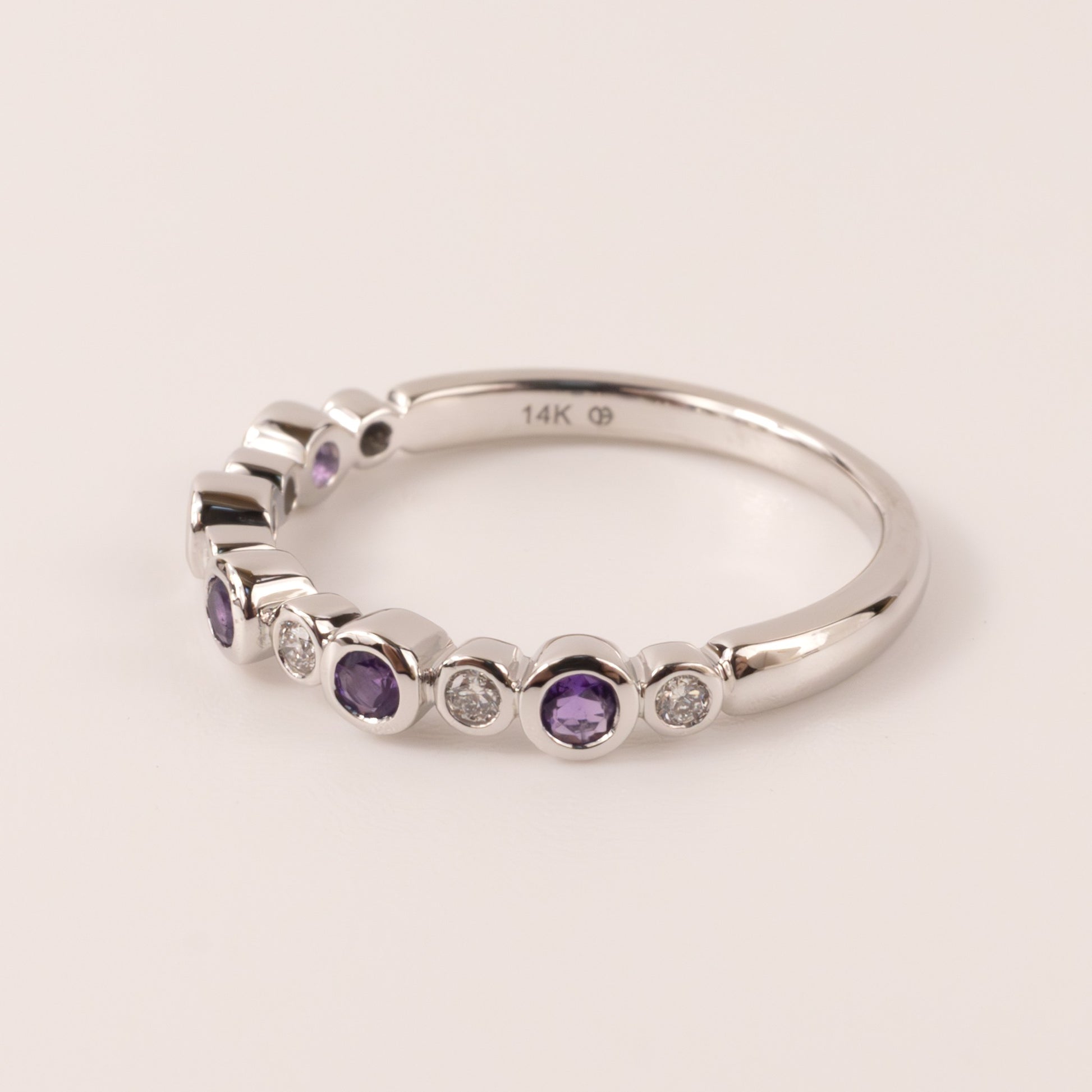 14KWG Amethyst and Diamond Bezel Set Alternating Band
