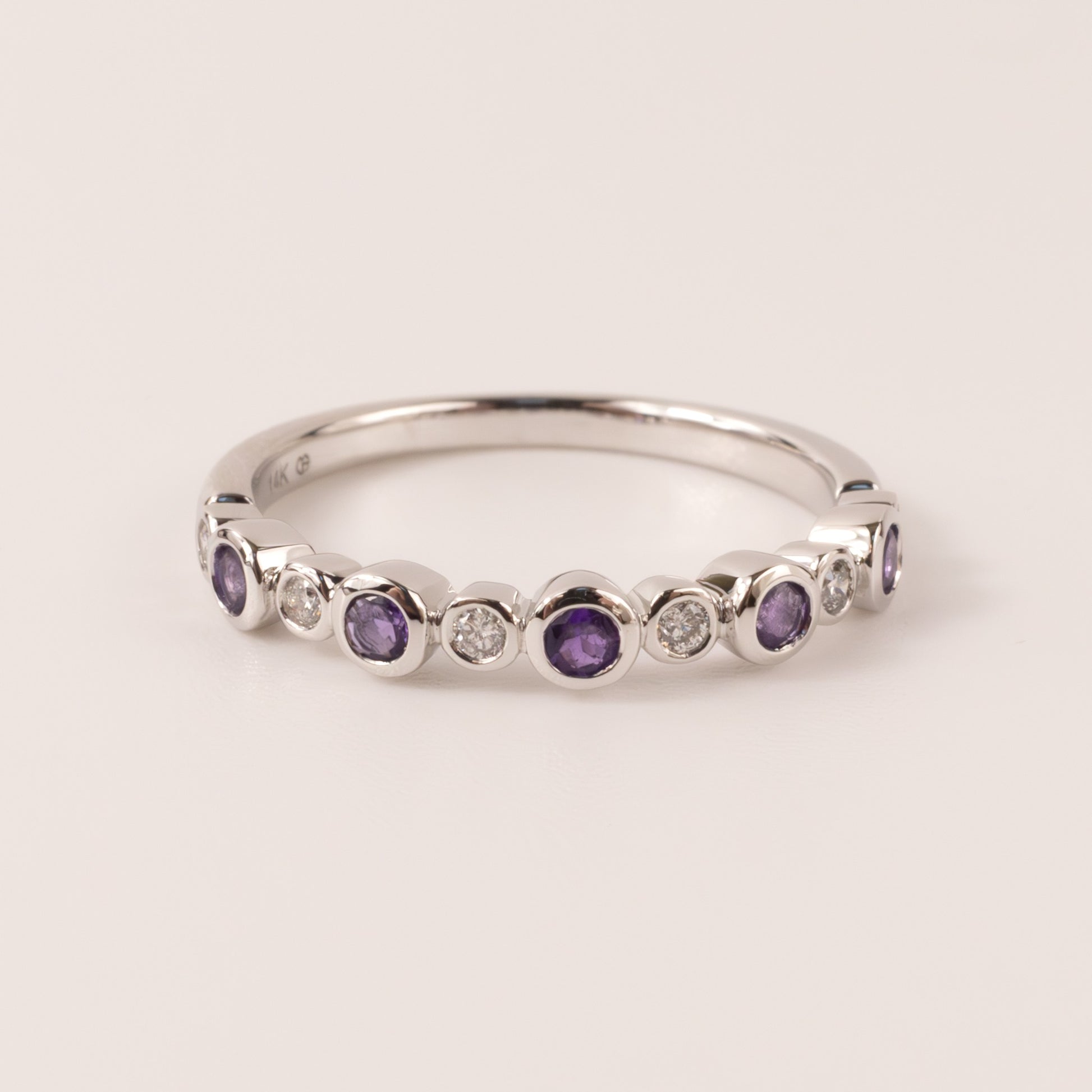 14KWG Amethyst and Diamond Bezel Set Alternating Band