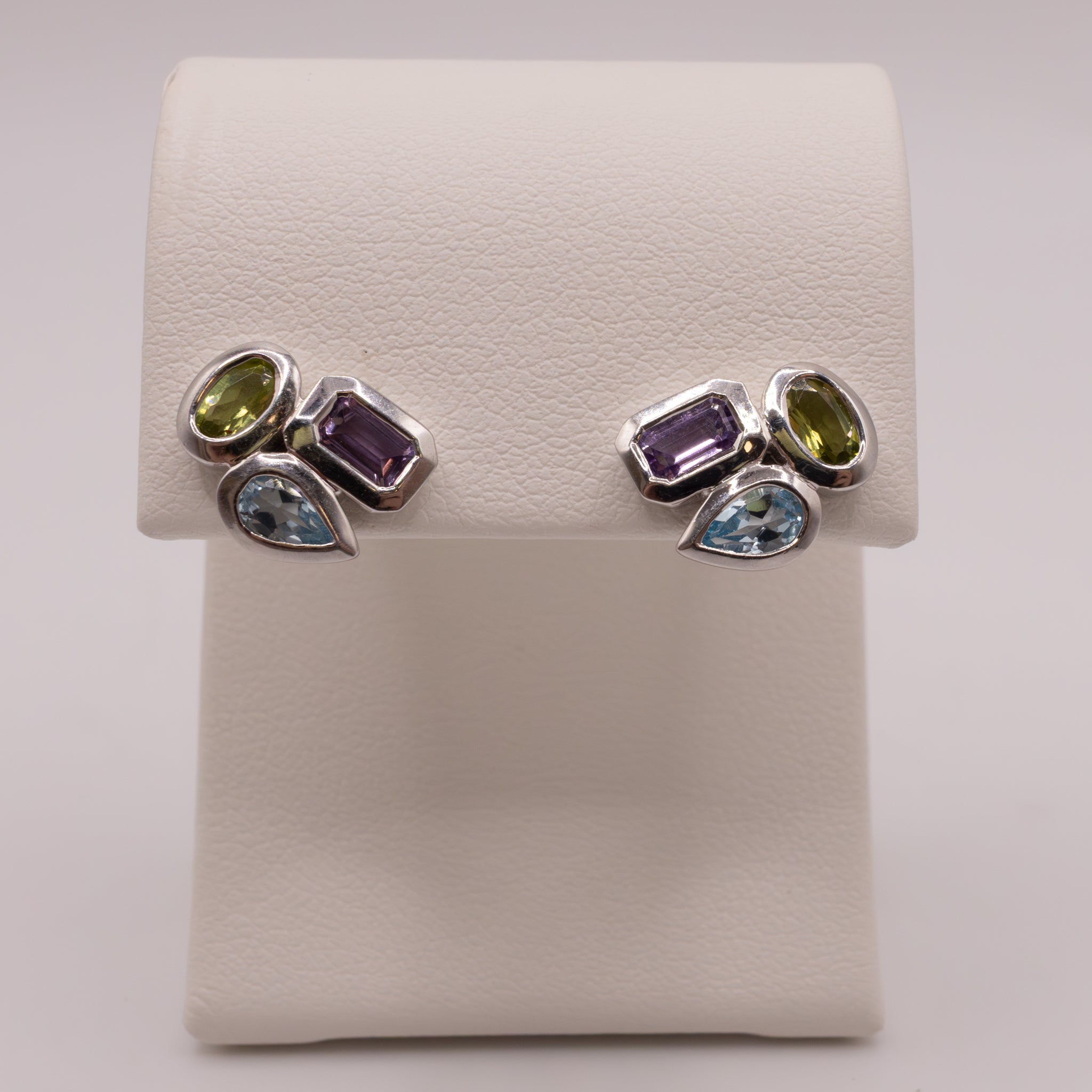 Sterling Silver Peridot, Blue Topaz, & Amethyst Stud Earrings