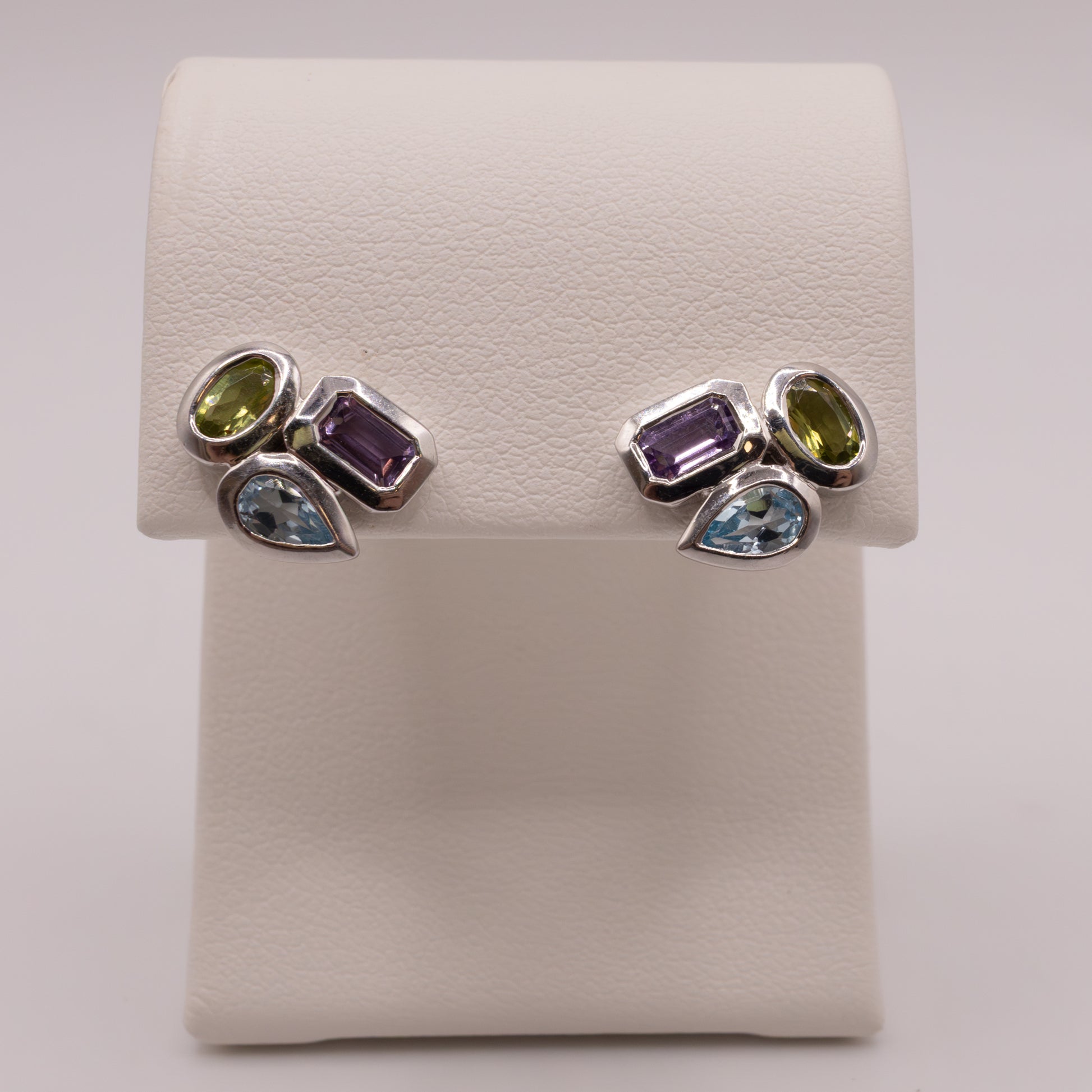 Sterling Silver Peridot, Blue Topaz, & Amethyst Stud Earrings