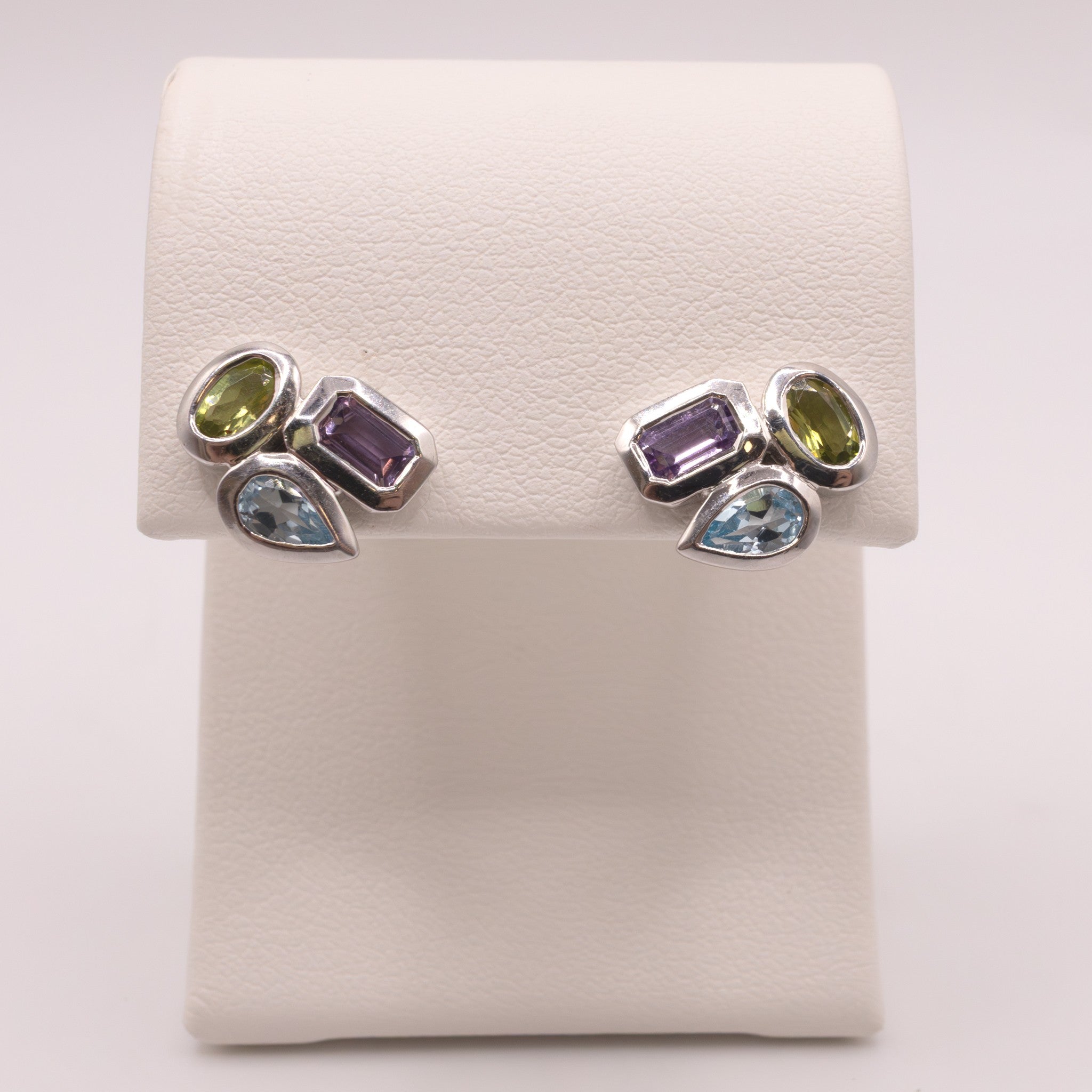 Sterling Silver Peridot, Blue Topaz, & Amethyst Stud Earrings