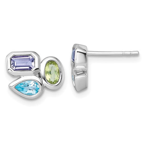 Sterling Silver Peridot, Blue Topaz, & Amethyst Stud Earrings