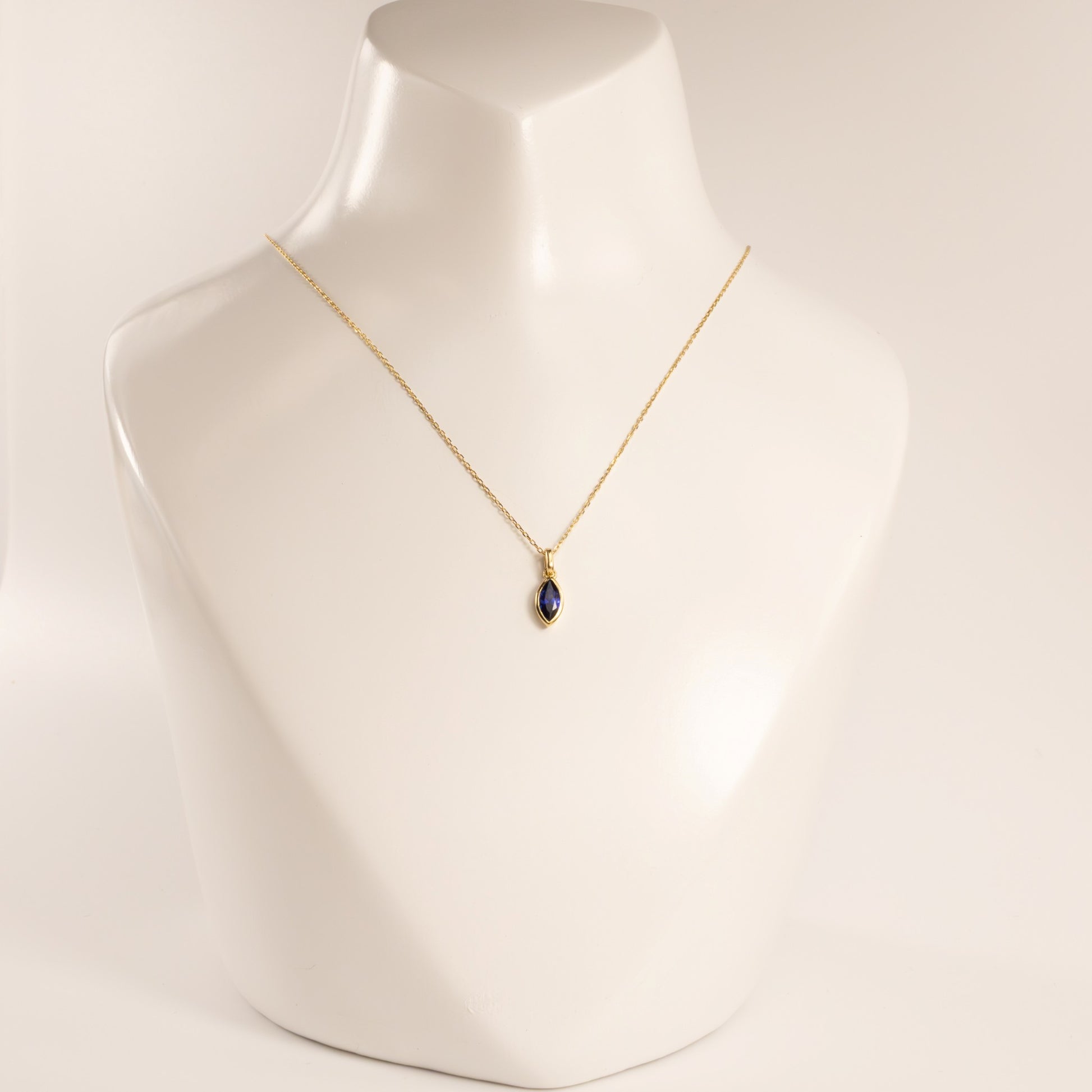 14KYG Lab Grown Sapphire Marquise Bezel Set Necklace