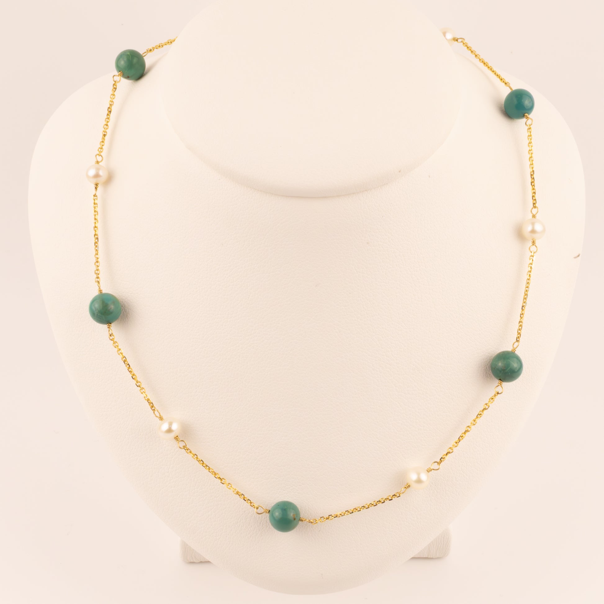 14KYG Turquoise and Pearl Station Necklace