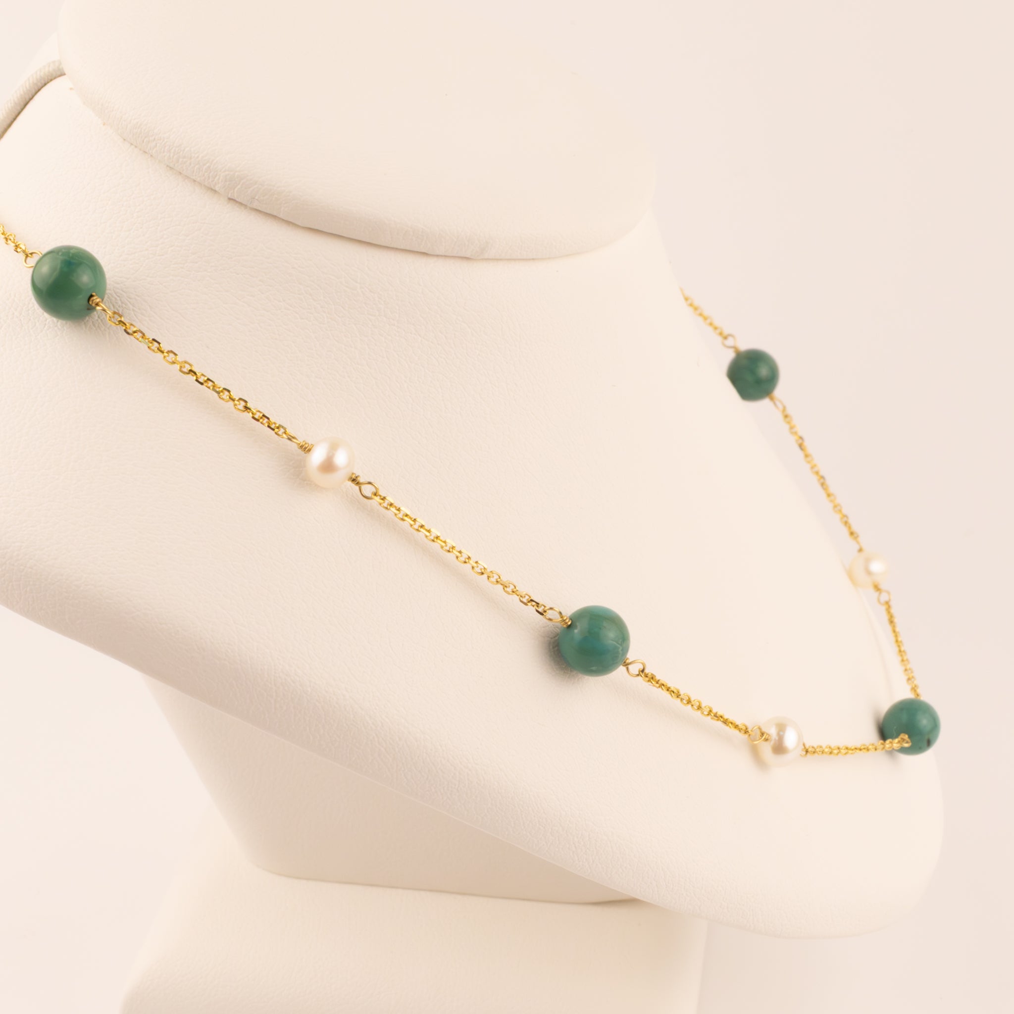 14KYG Turquoise and Pearl Station Necklace