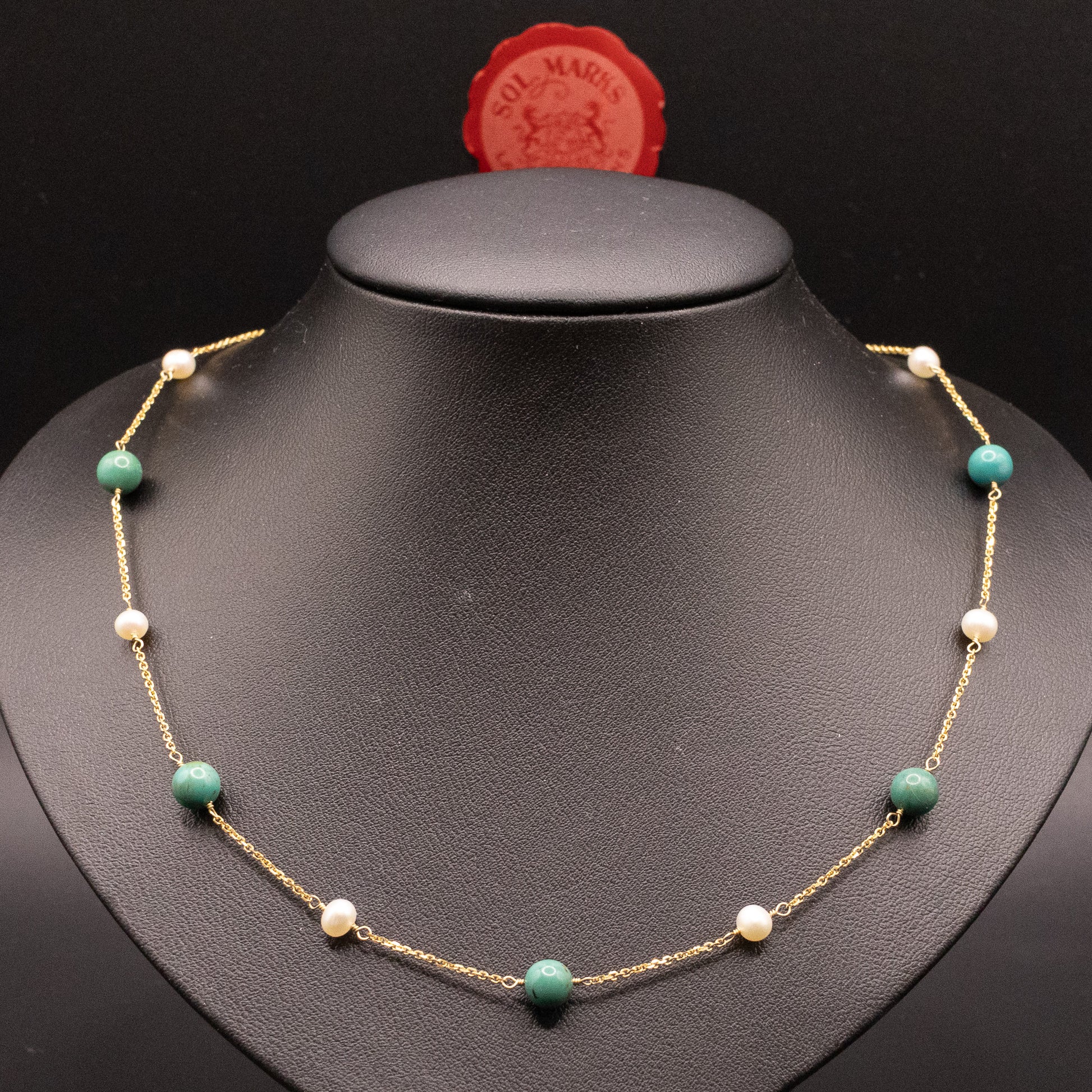 14KYG Turquoise and Pearl Station Necklace