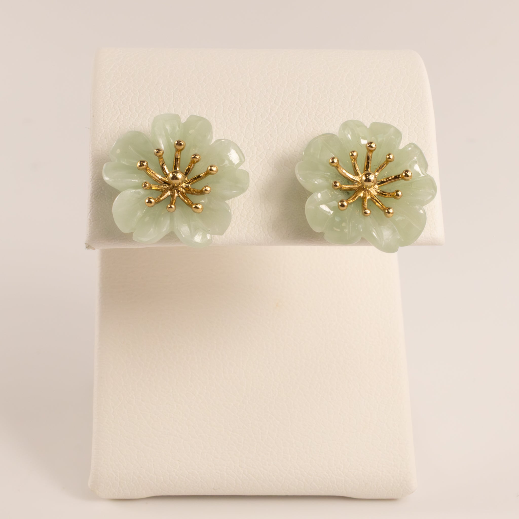 14KYG Jade Cherry Blossom Flower Stud Earrings