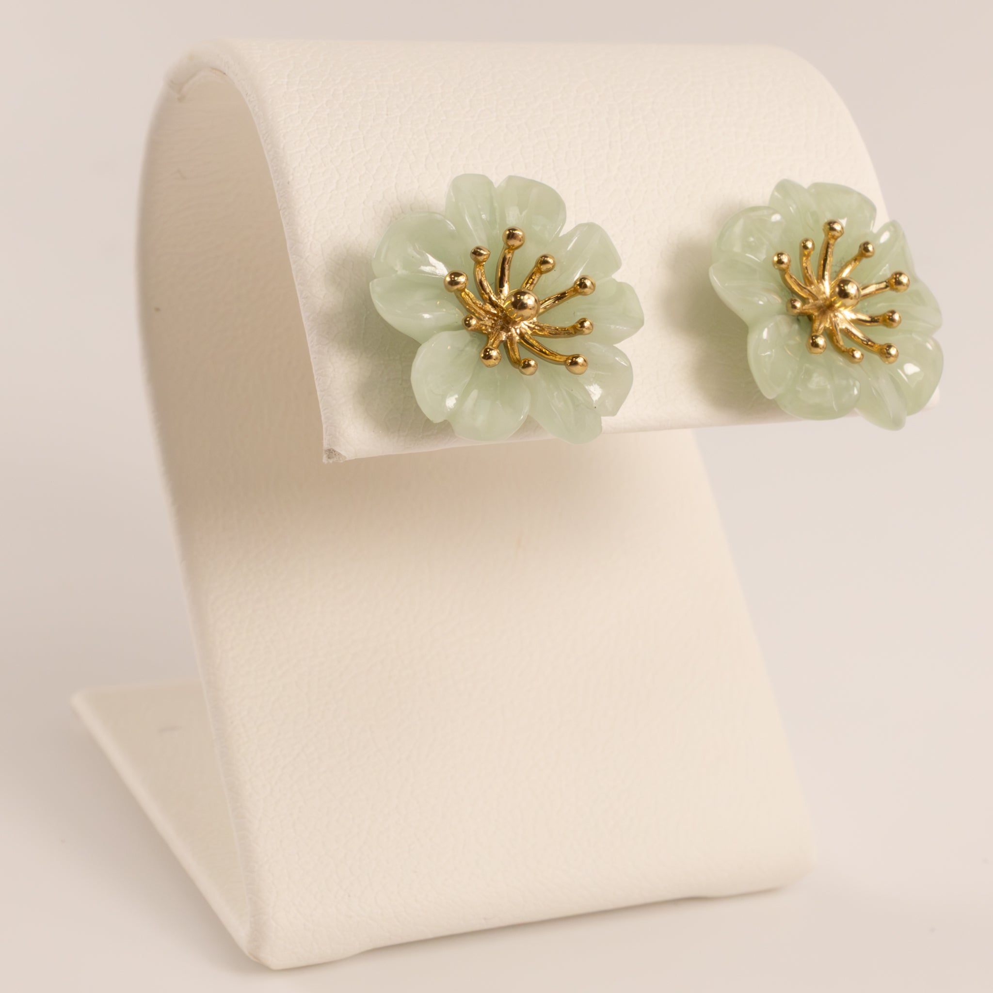 14KYG Jade Cherry Blossom Flower Stud Earrings