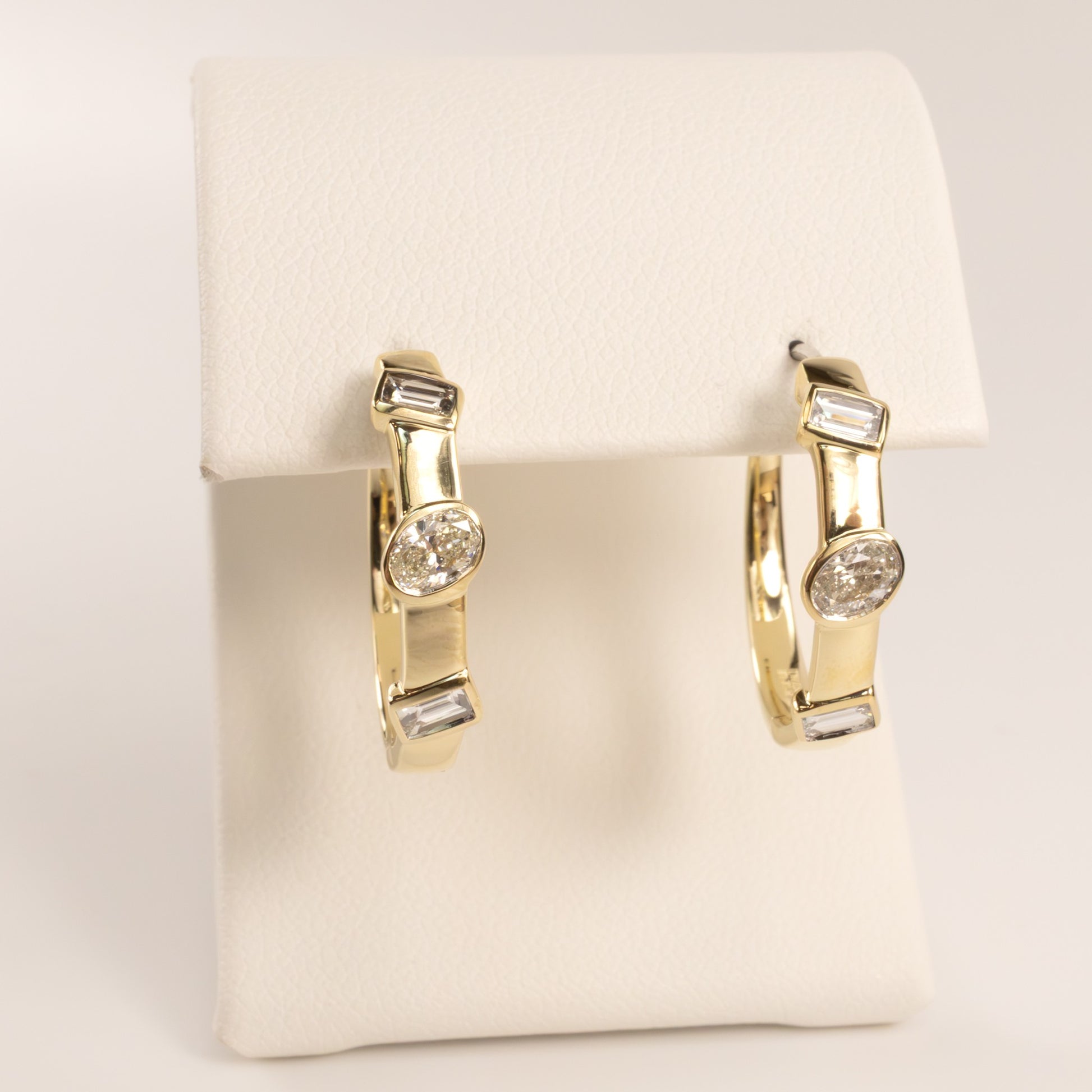 14KYG Diamond Oval and Baguette Flush set Hoop Earrings