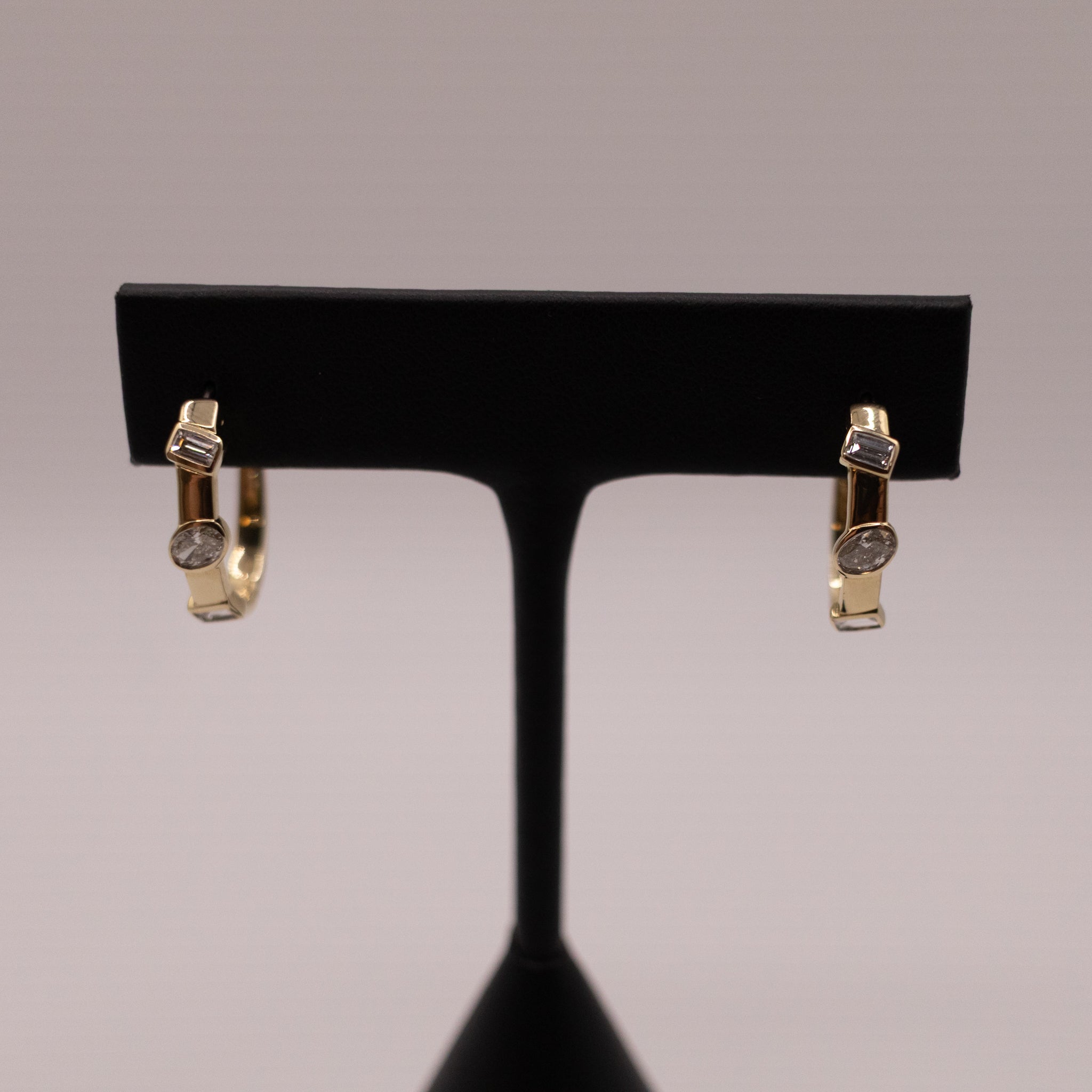 14KYG Diamond Oval and Baguette Flush Set Hoop Earrings