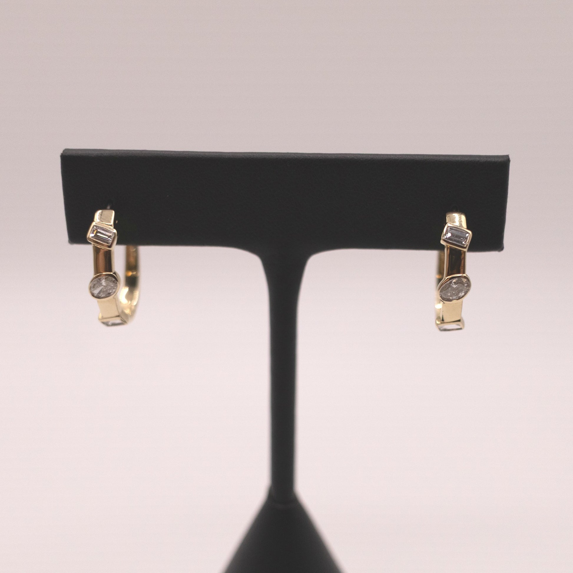 14KYG Diamond Oval and Baguette Flush set Hoop Earrings