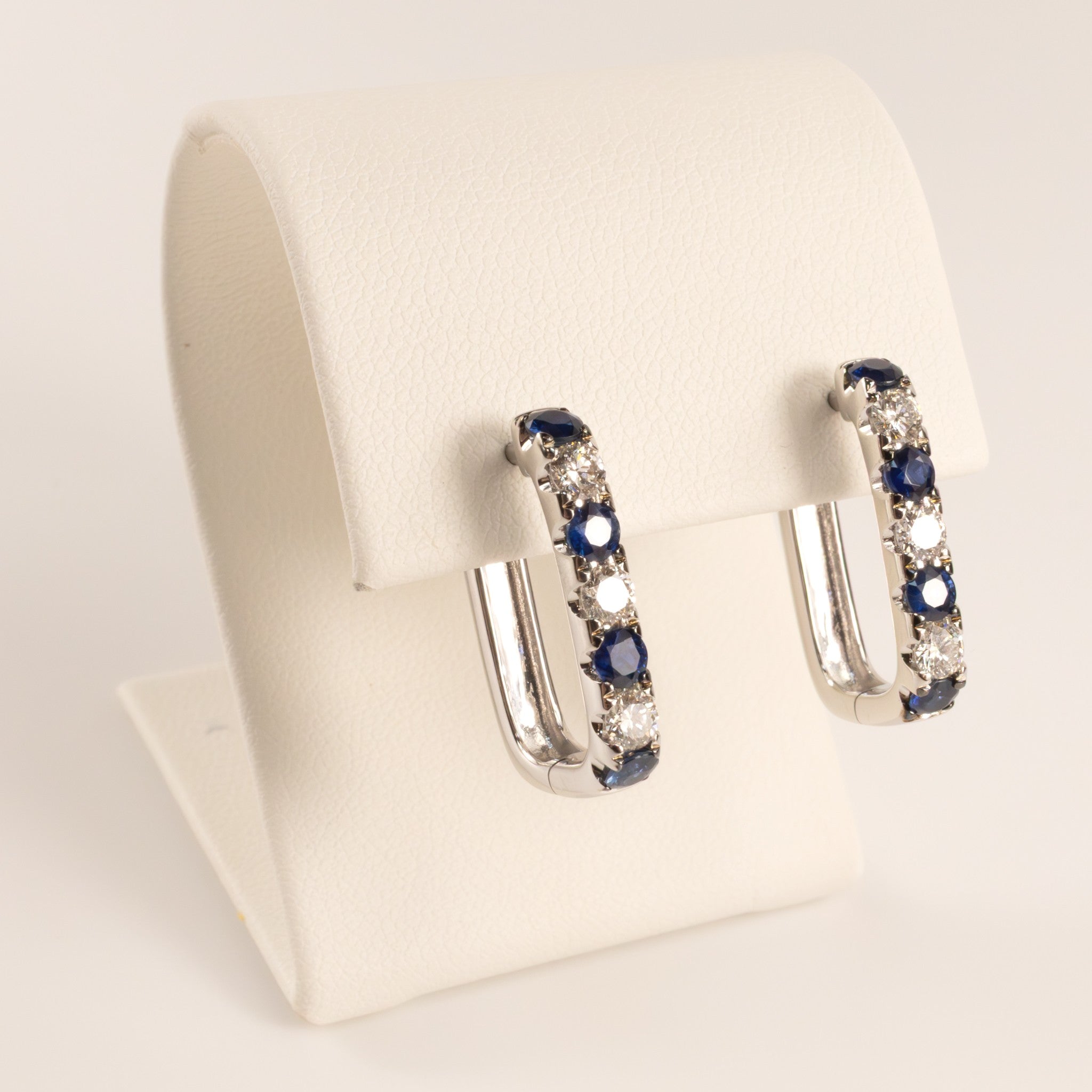 14KWG Sapphire and Diamond Squared Hoop Earrings