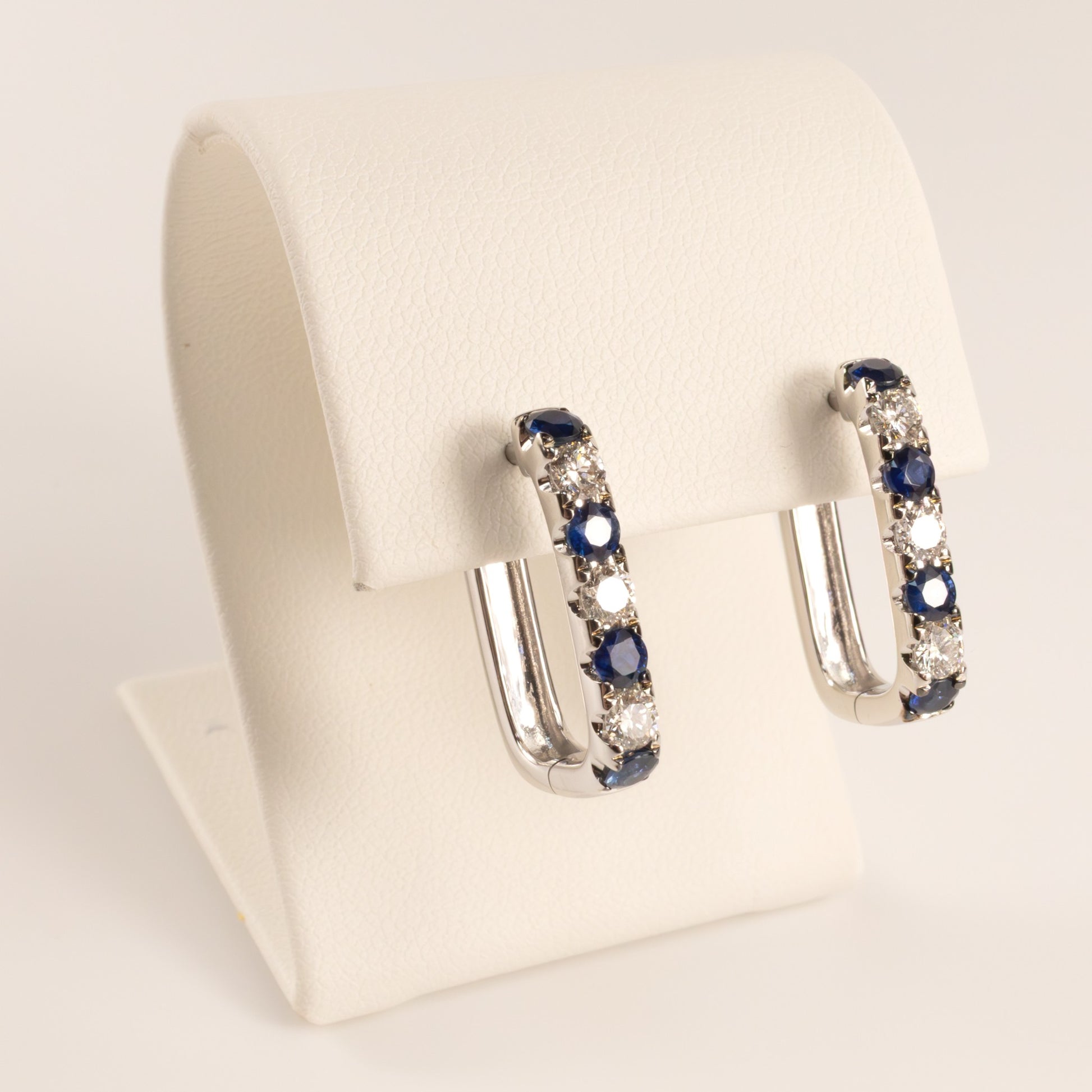 14KWG Sapphire and Diamond Squared Hoop Earrings