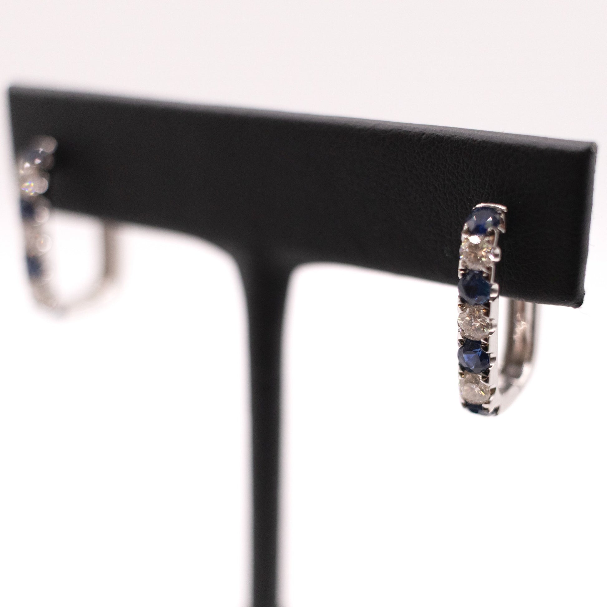 14KWG Sapphire and Diamond Squared Hoop Earrings