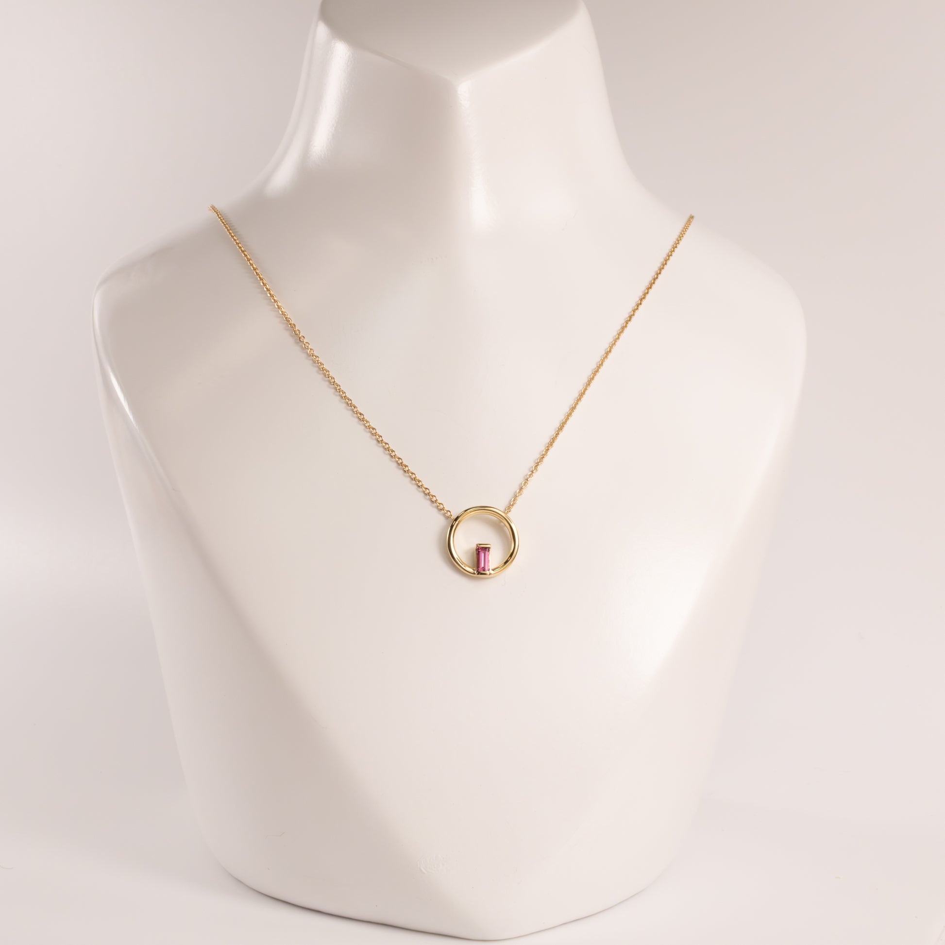 14KYG Pink Tourmaline Open Circle Necklace
