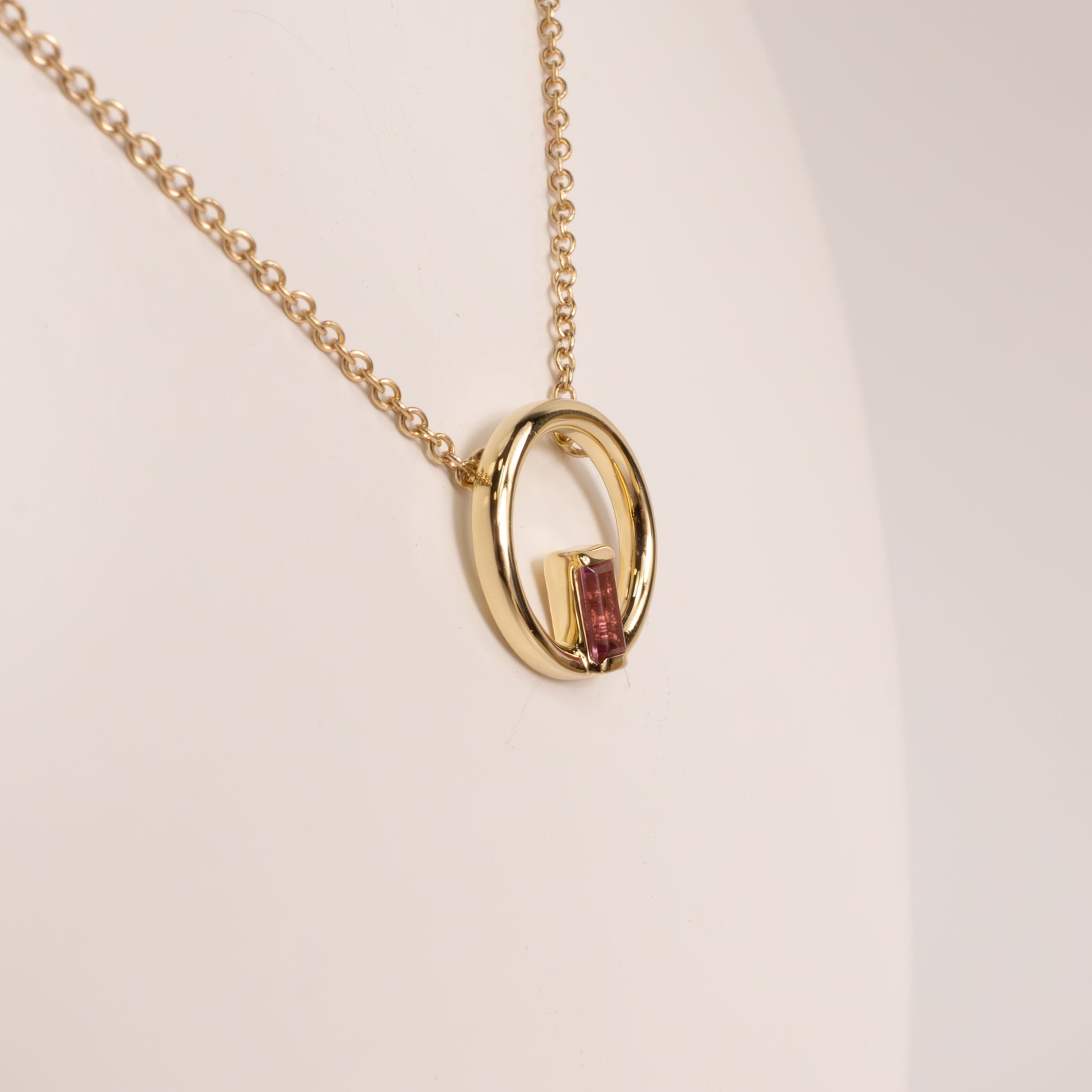 14KYG Pink Tourmaline Open Circle Necklace