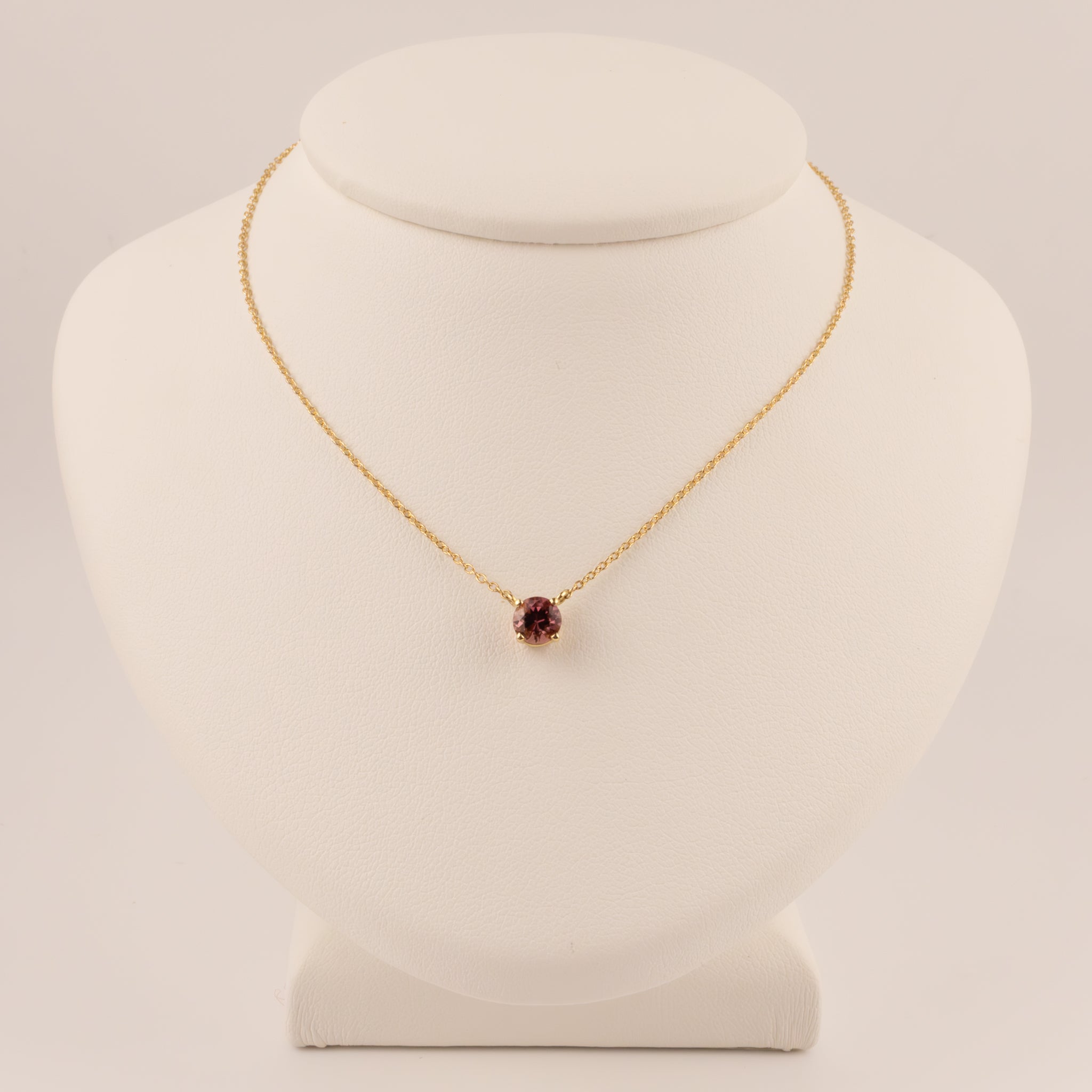 14KYG Pink Tourmaline Round Solitare Necklace