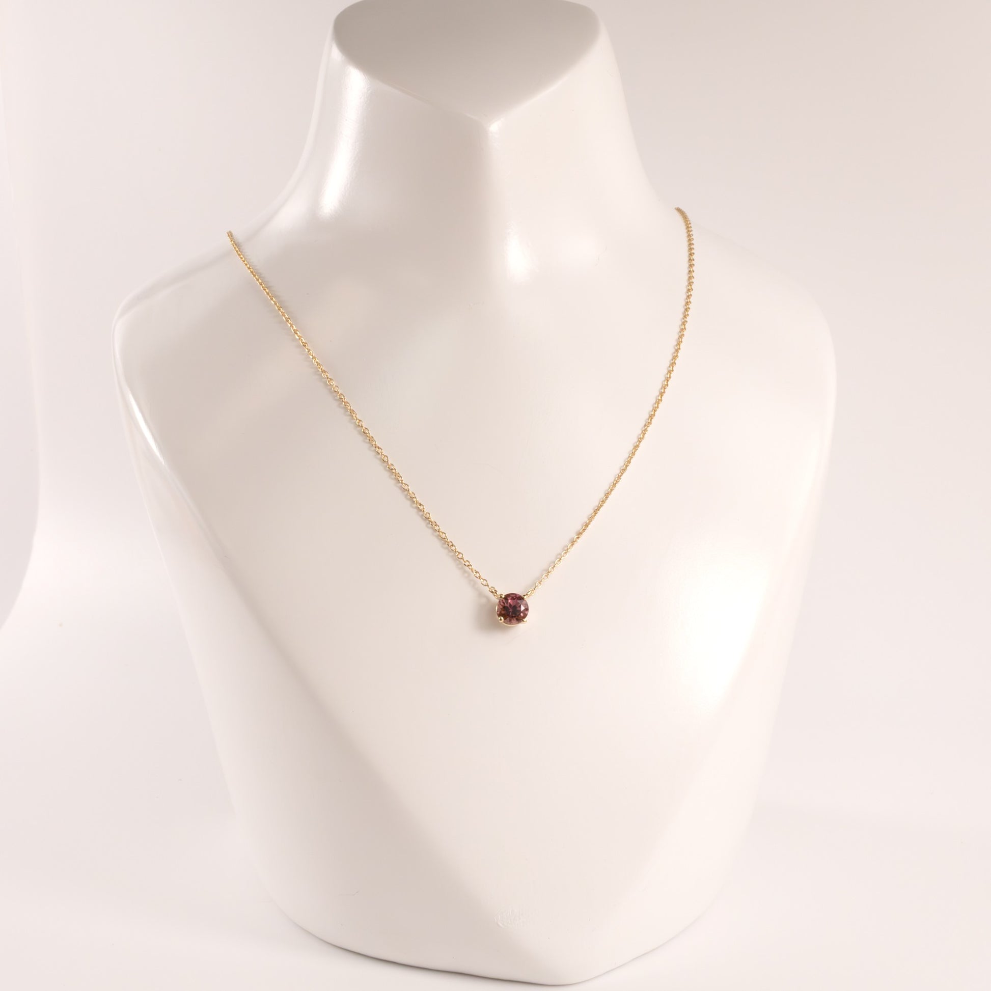 14KYG Pink Tourmaline Round Solitare Necklace