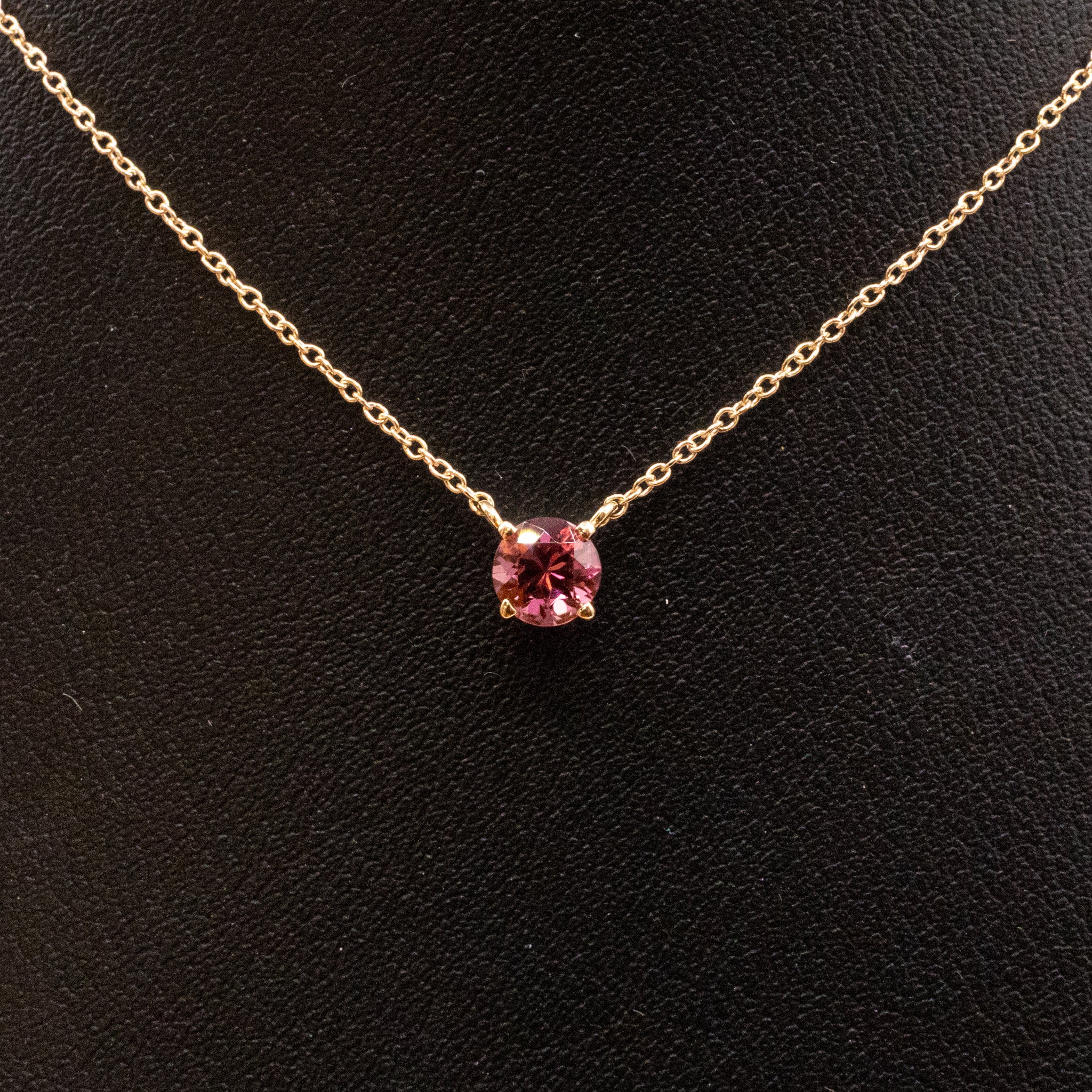 14KYG Pink Tourmaline Round Solitare Necklace