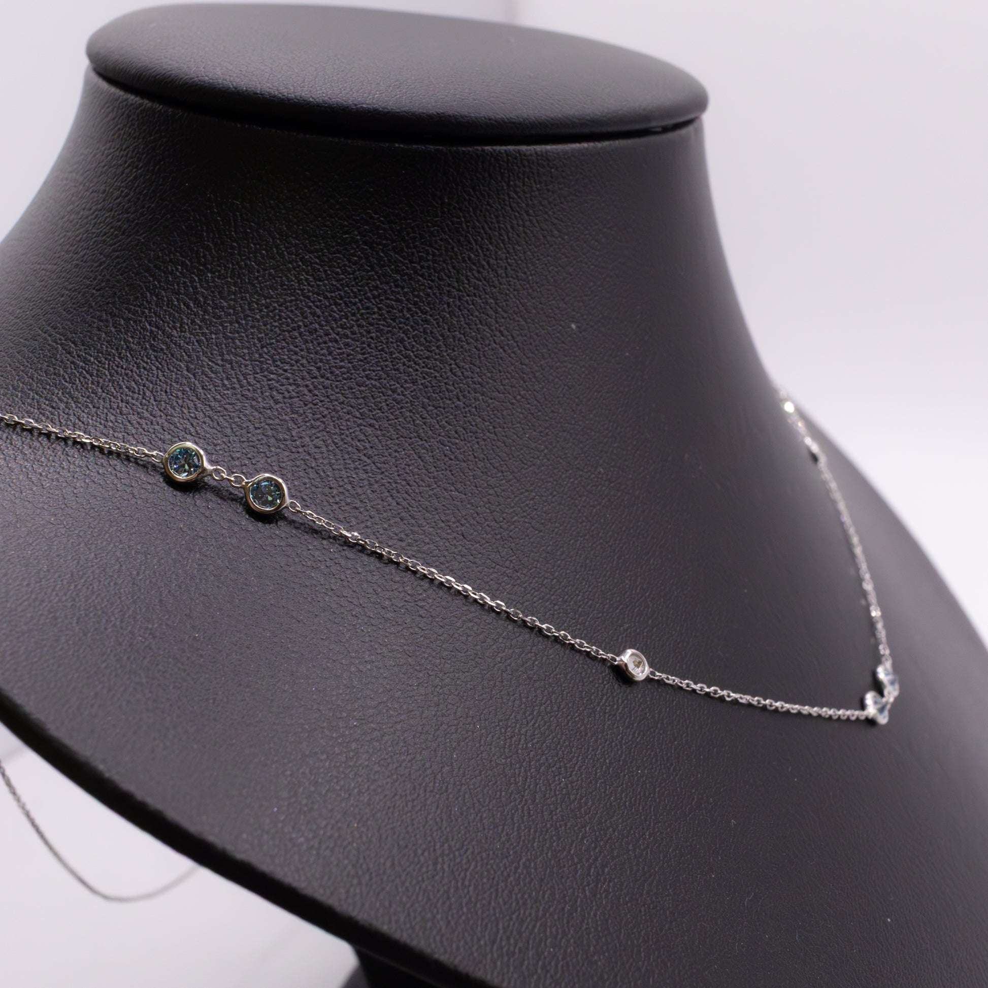 14KWG Lab Grown White and Blue Diamond Station Necklace