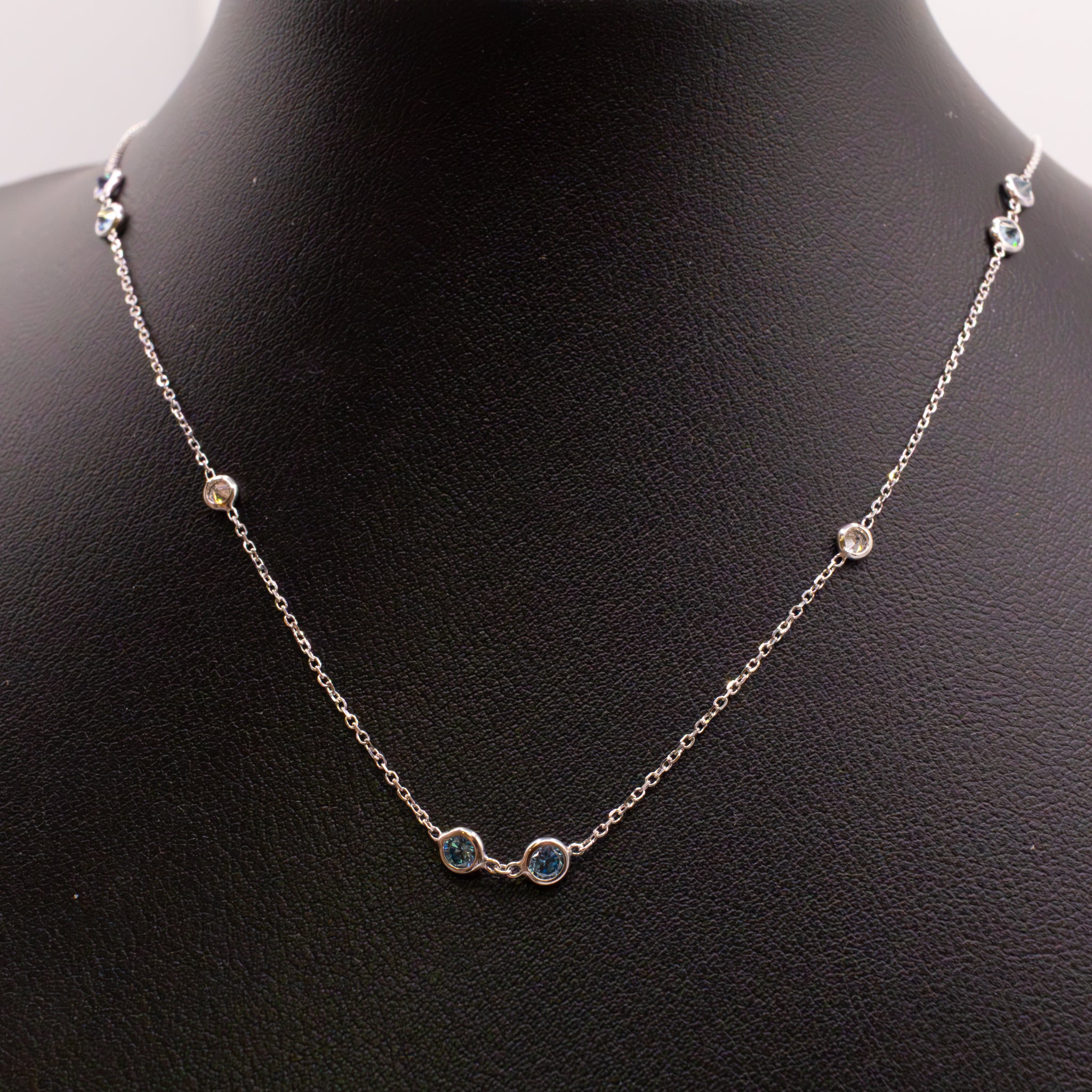 14KWG Lab Grown White and Blue Diamond Station Necklace