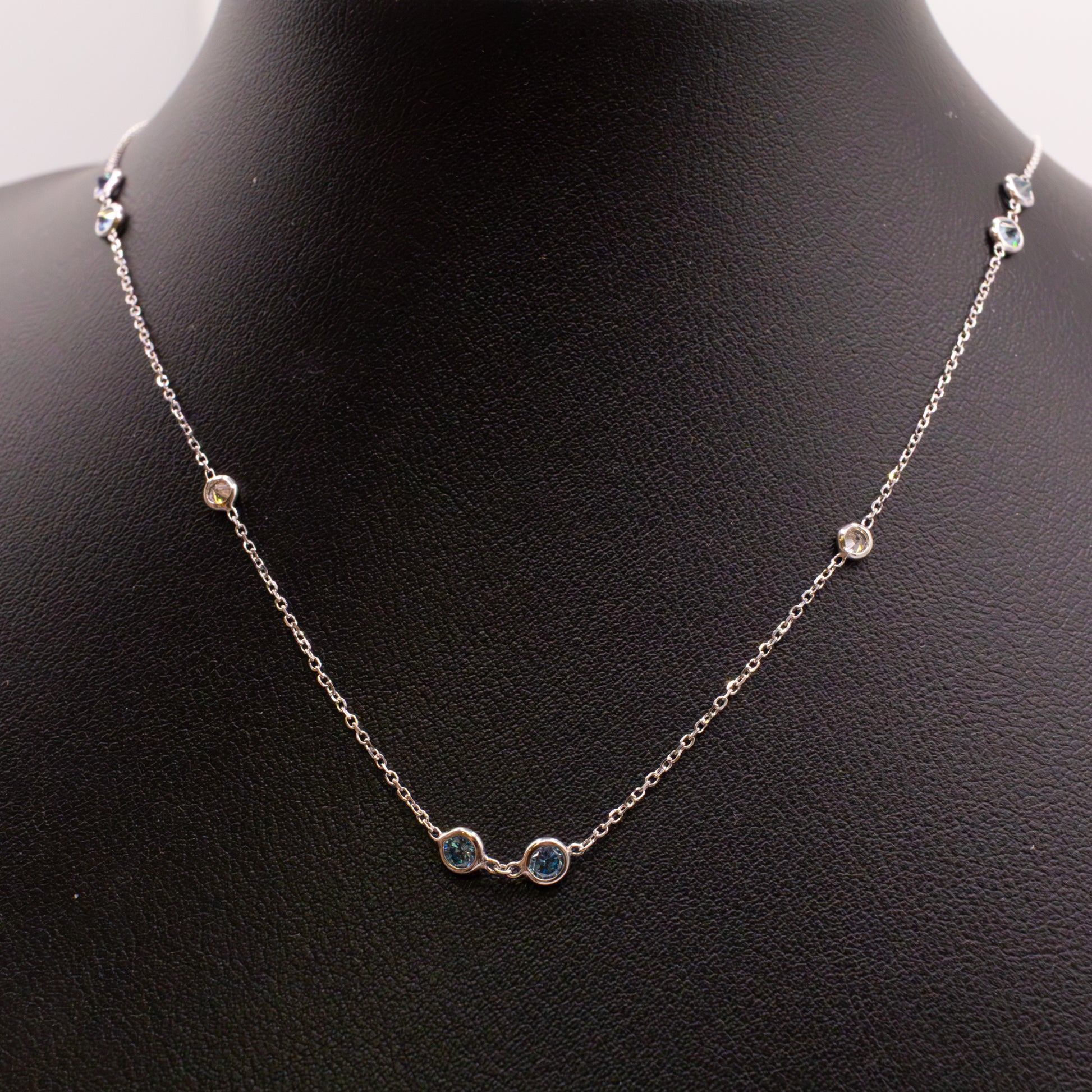 14KWG Lab Grown White and Blue Diamond Station Necklace