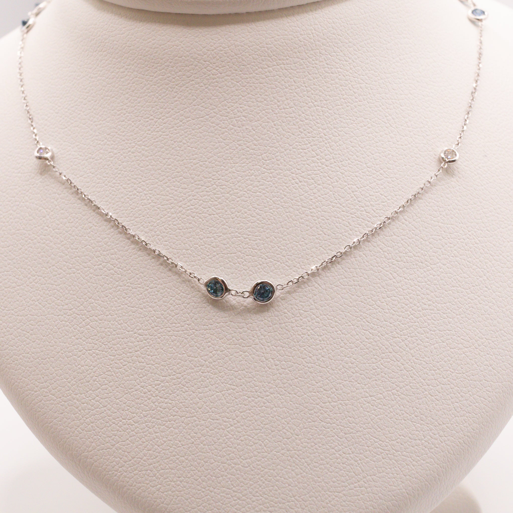14KWG Lab Grown White and Blue Diamond Station Necklace