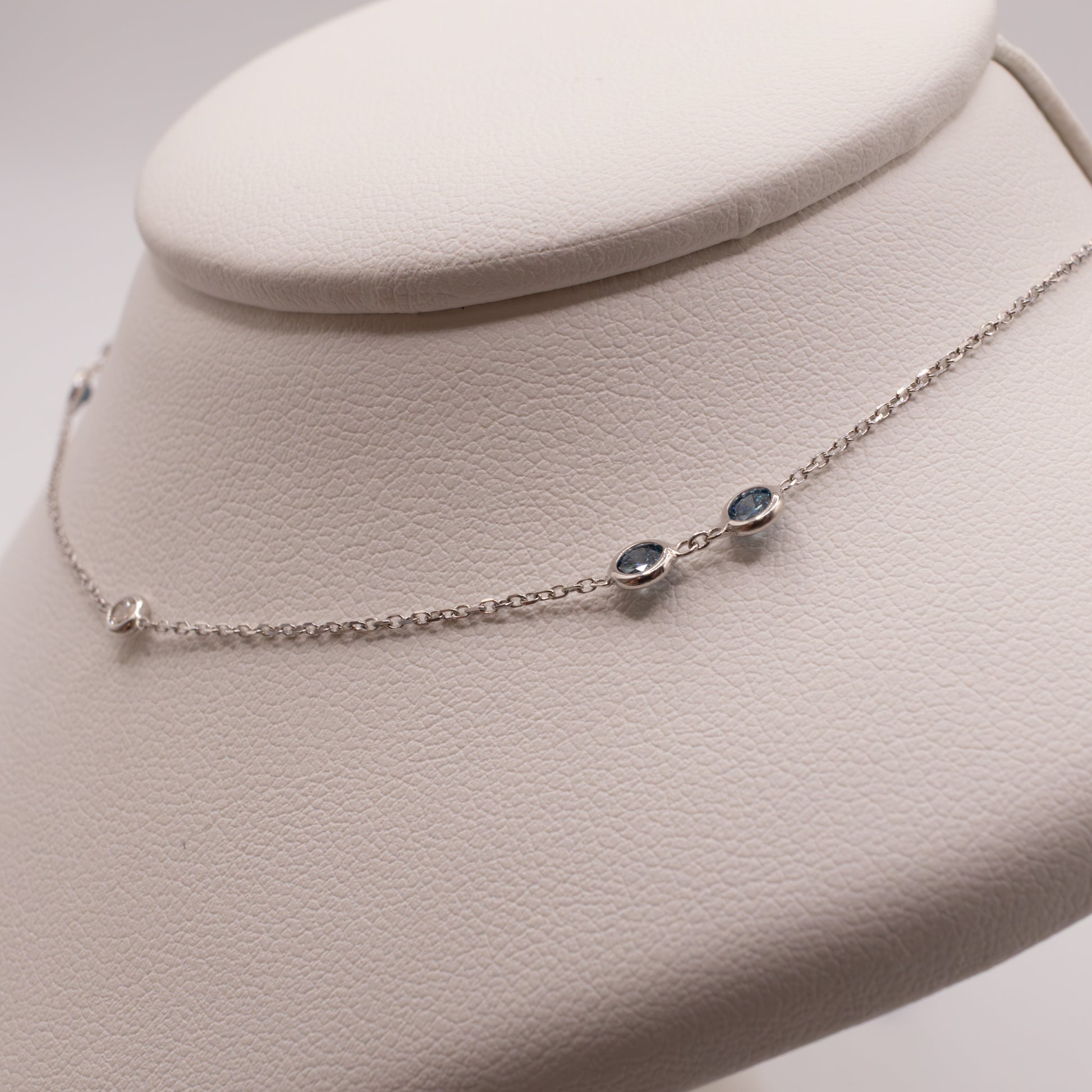 14KWG Lab Grown White and Blue Diamond Station Necklace