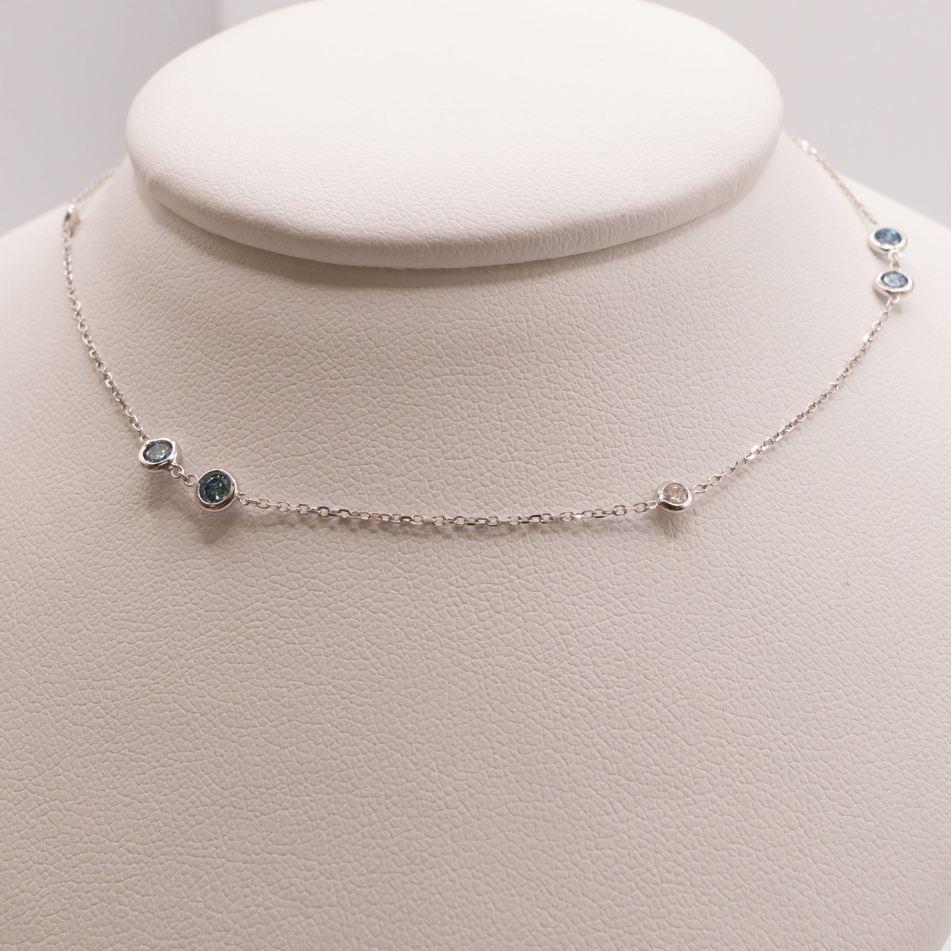 14KWG Lab Grown White and Blue Diamond Station Necklace