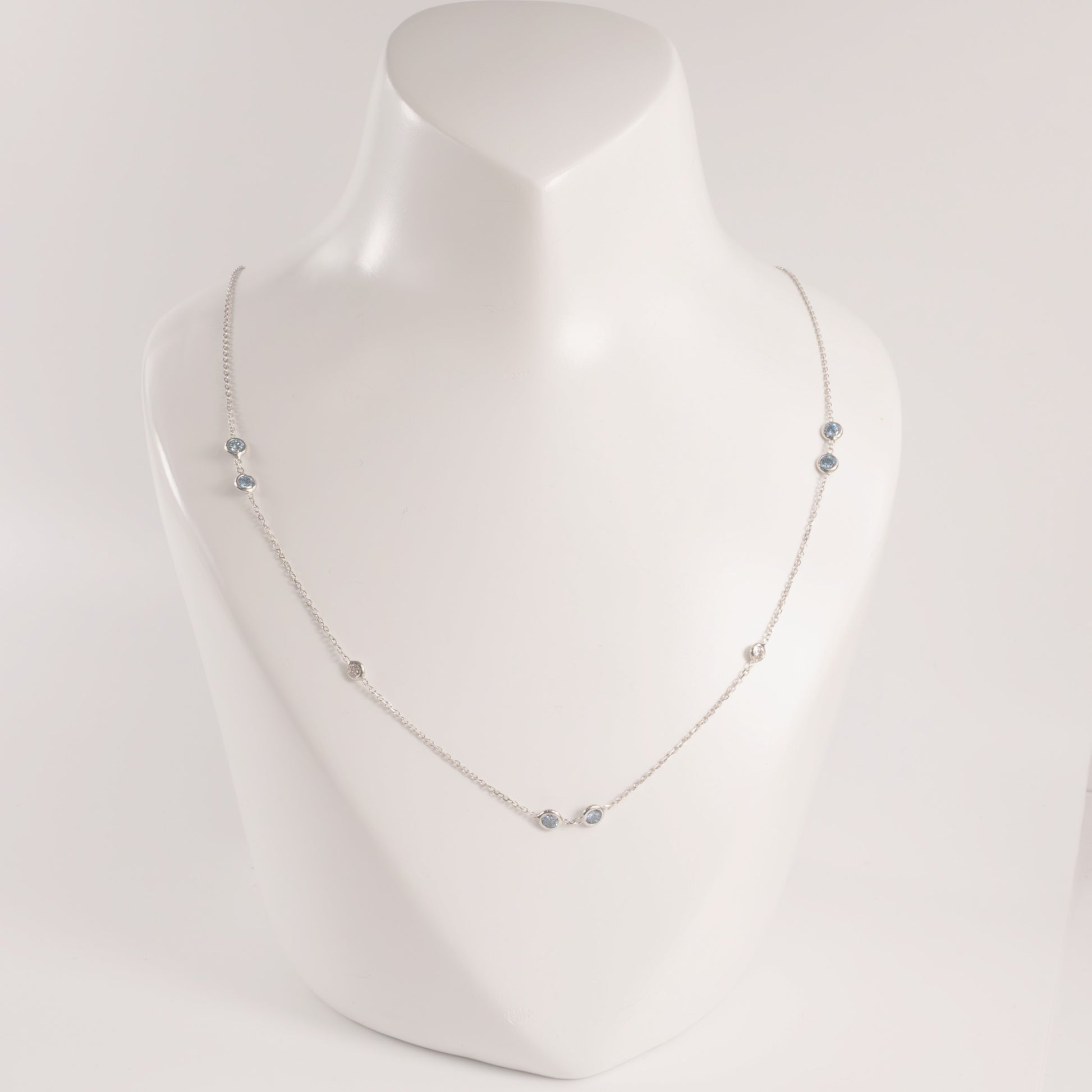 14KWG Lab Grown White and Blue Diamond Station Necklace