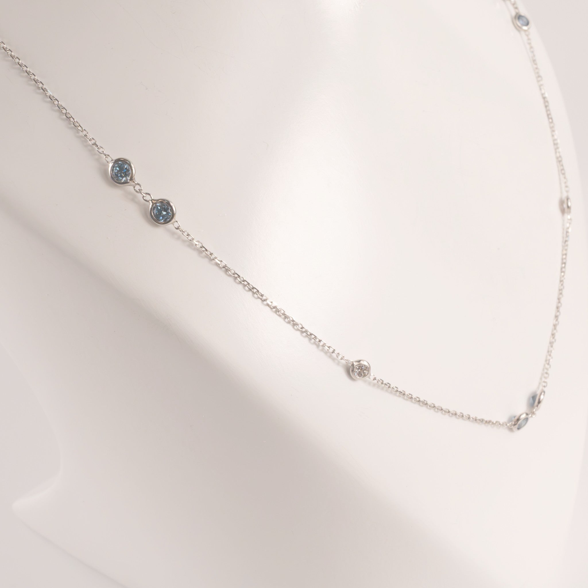 14KWG Lab Grown White and Blue Diamond Station Necklace