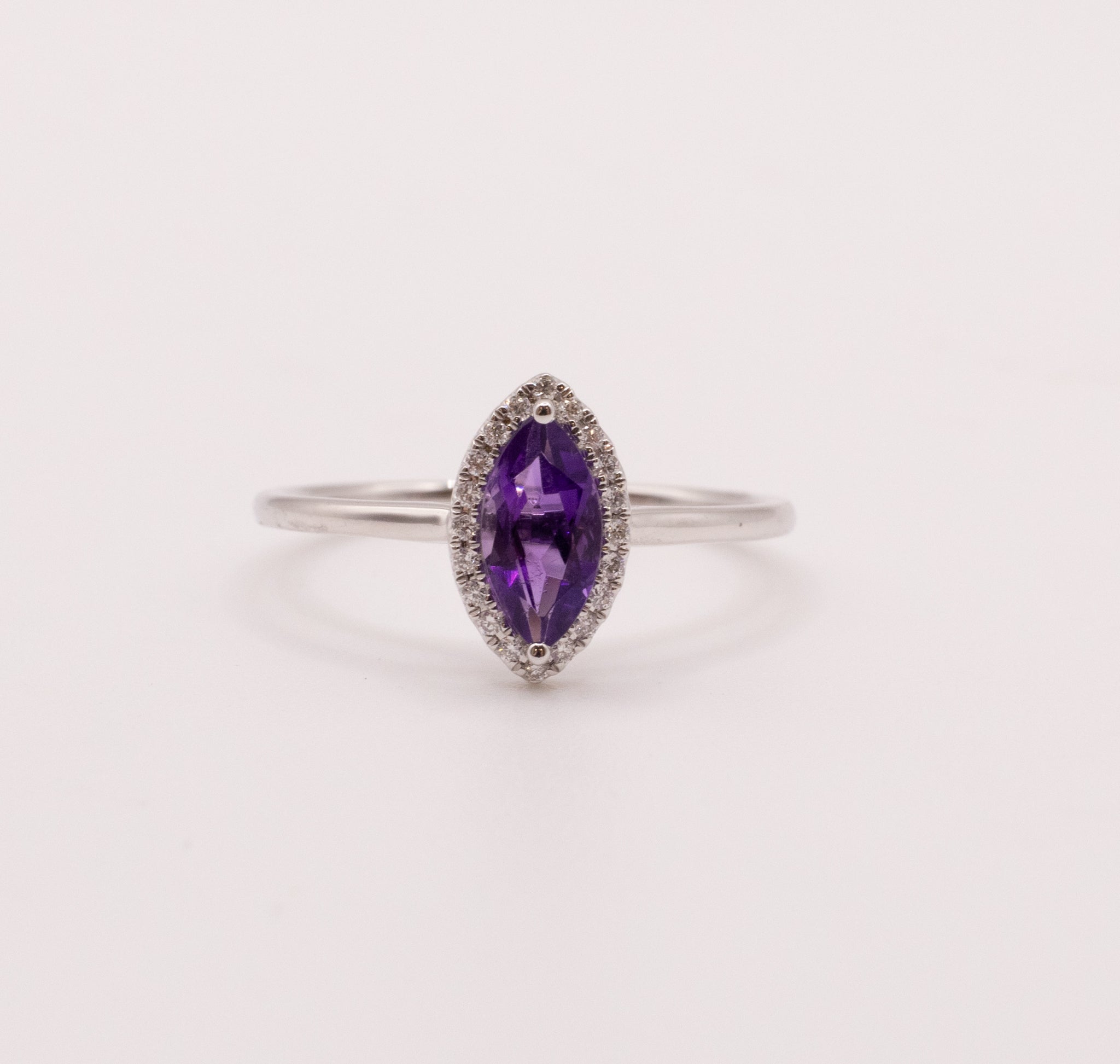 14KWG Amethyst Marquise and Diamond Halo Ring