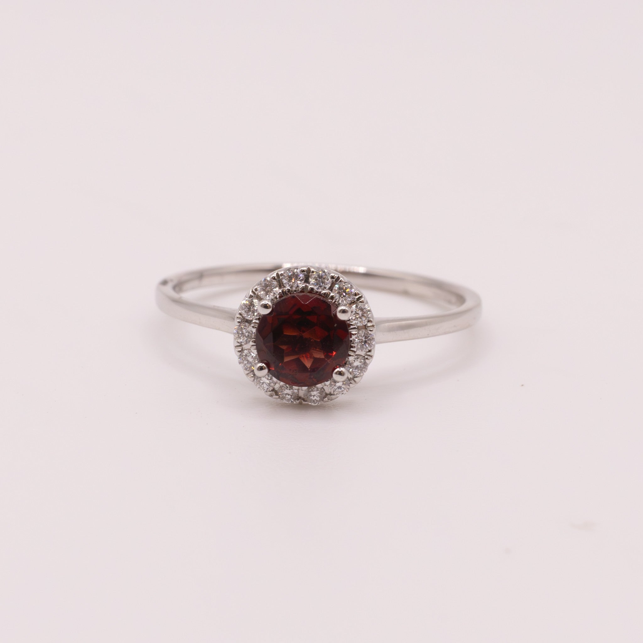 14KWG Round Garnet and Diamond Halo Ring