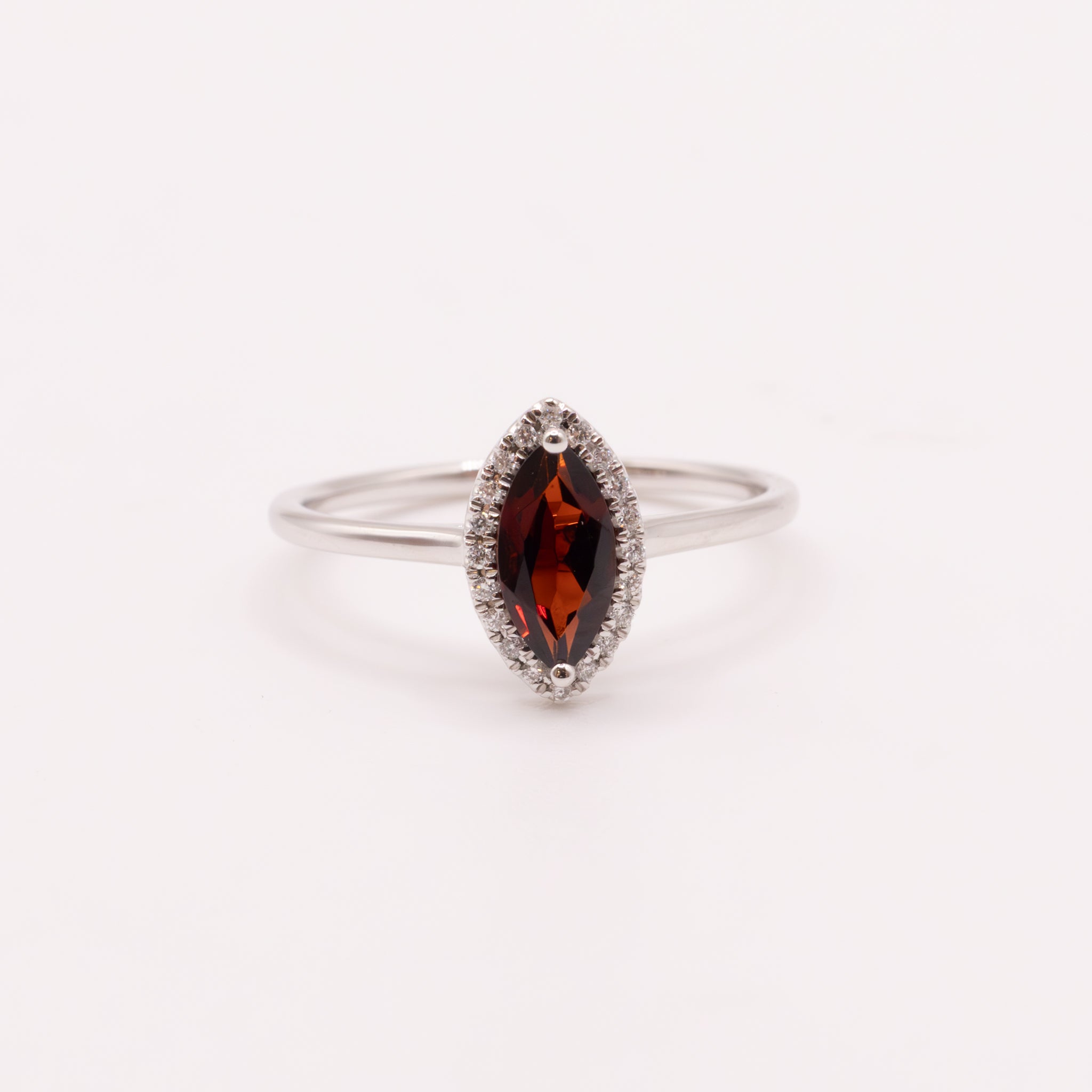 14KWG Garnet Marquise and Diamond Halo Ring