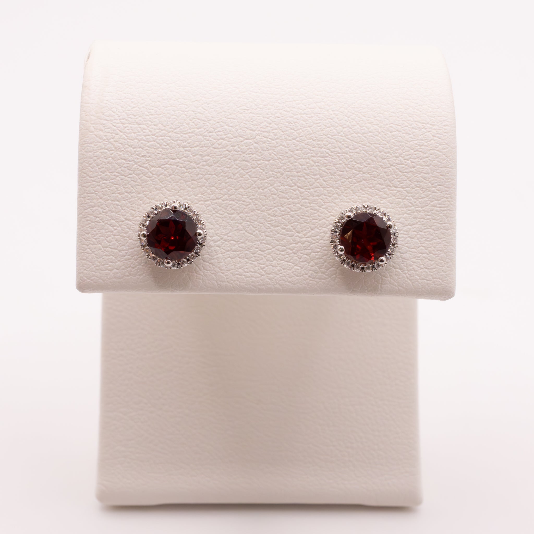 14KWG Garnet and Diamond Halo Stud Earrings