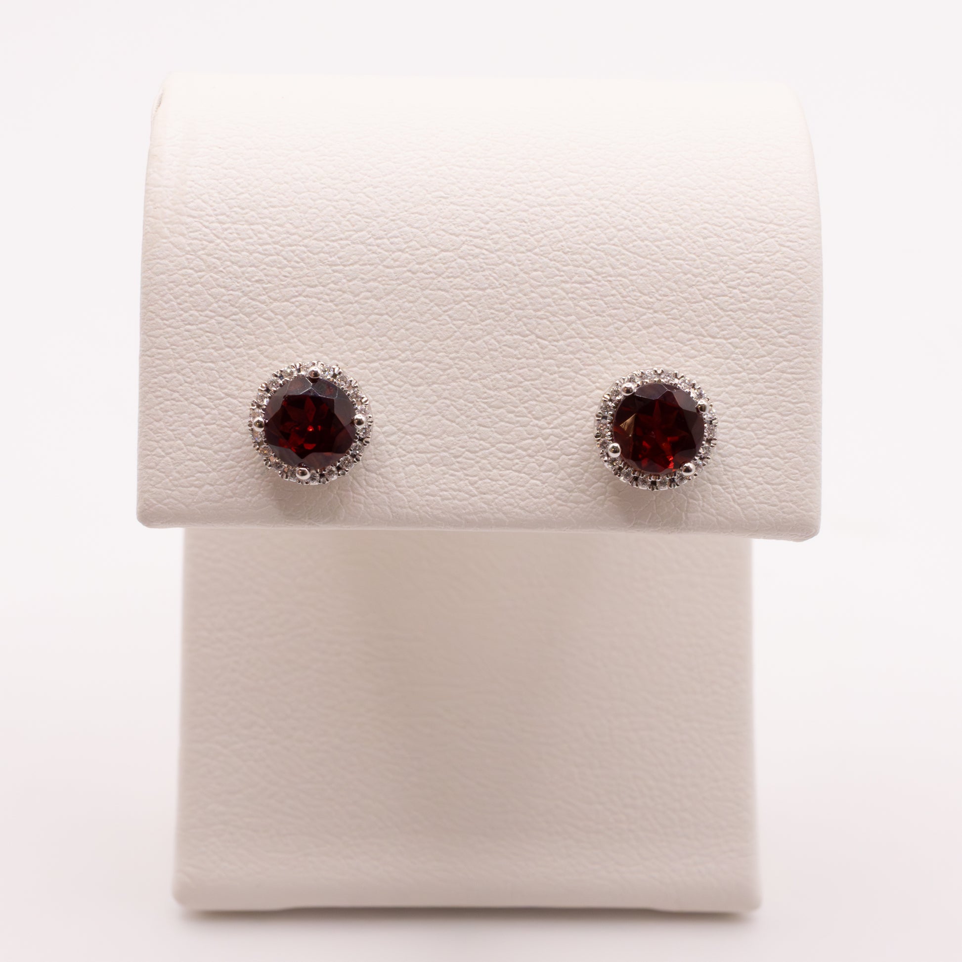 14KWG Garnet and Diamond Halo Earrings