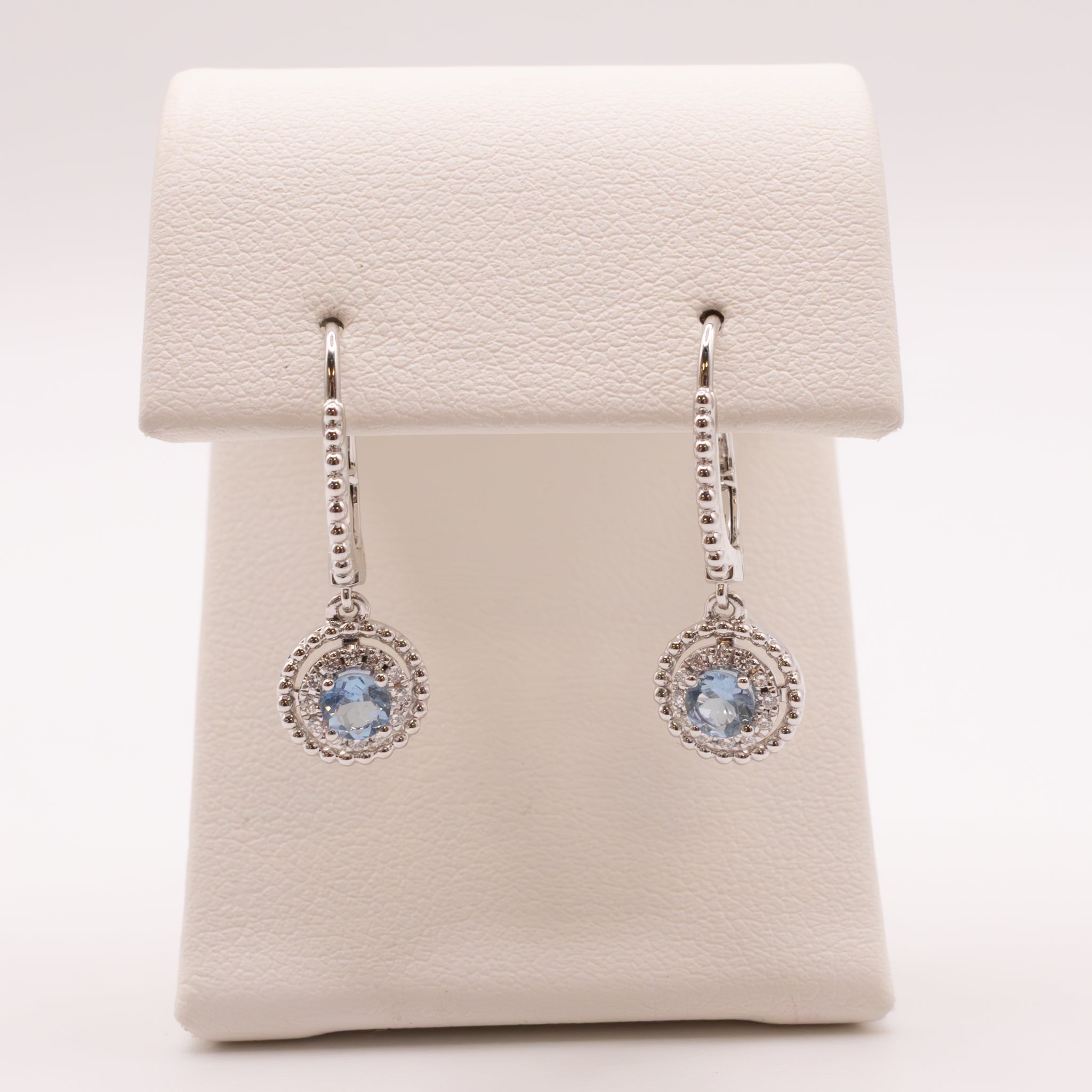 14KWG Aquamarine and Diamond Halo Dangle Earrings