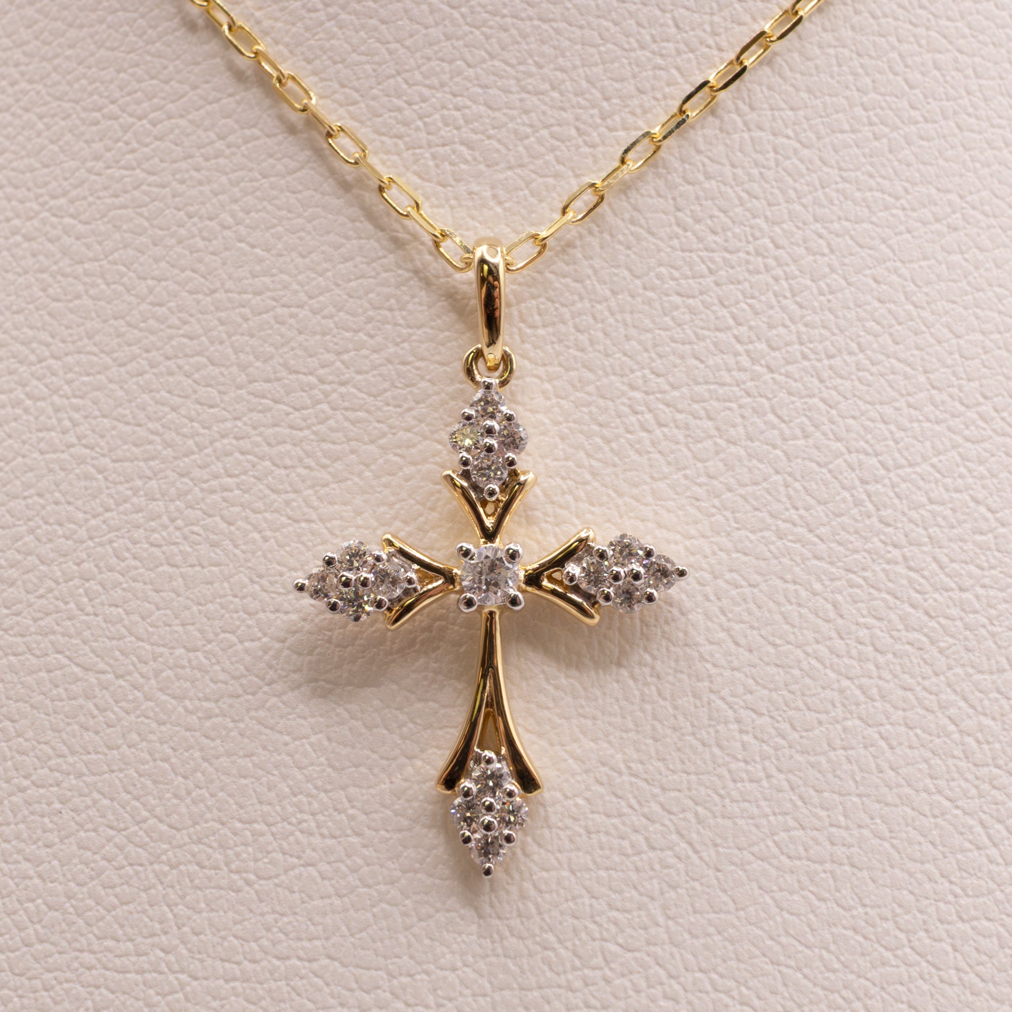 14K Two-Tone Diamond Pointed Cluster Cross Necklace