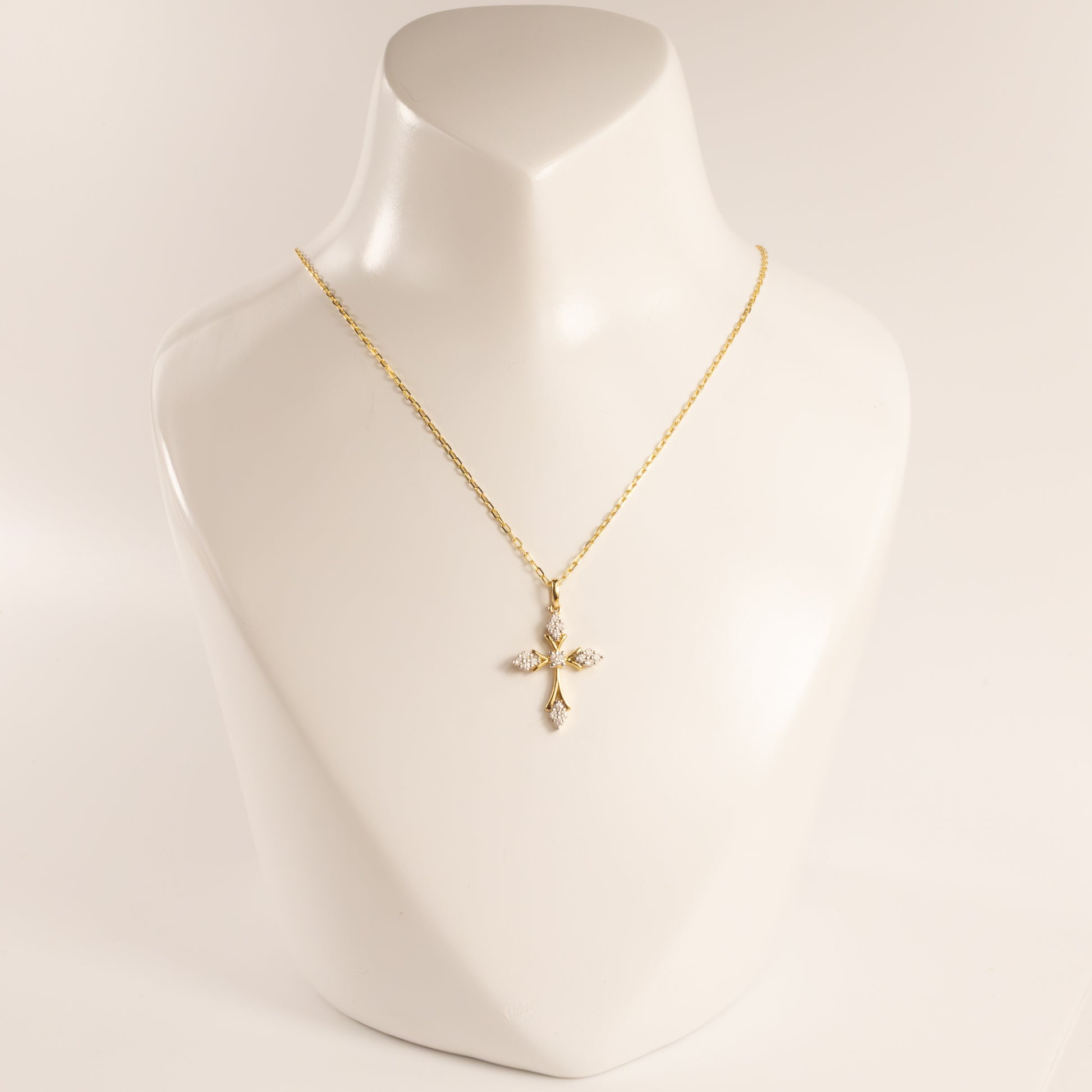 14K Two-Tone Diamond Pointed Cluster Cross Necklace